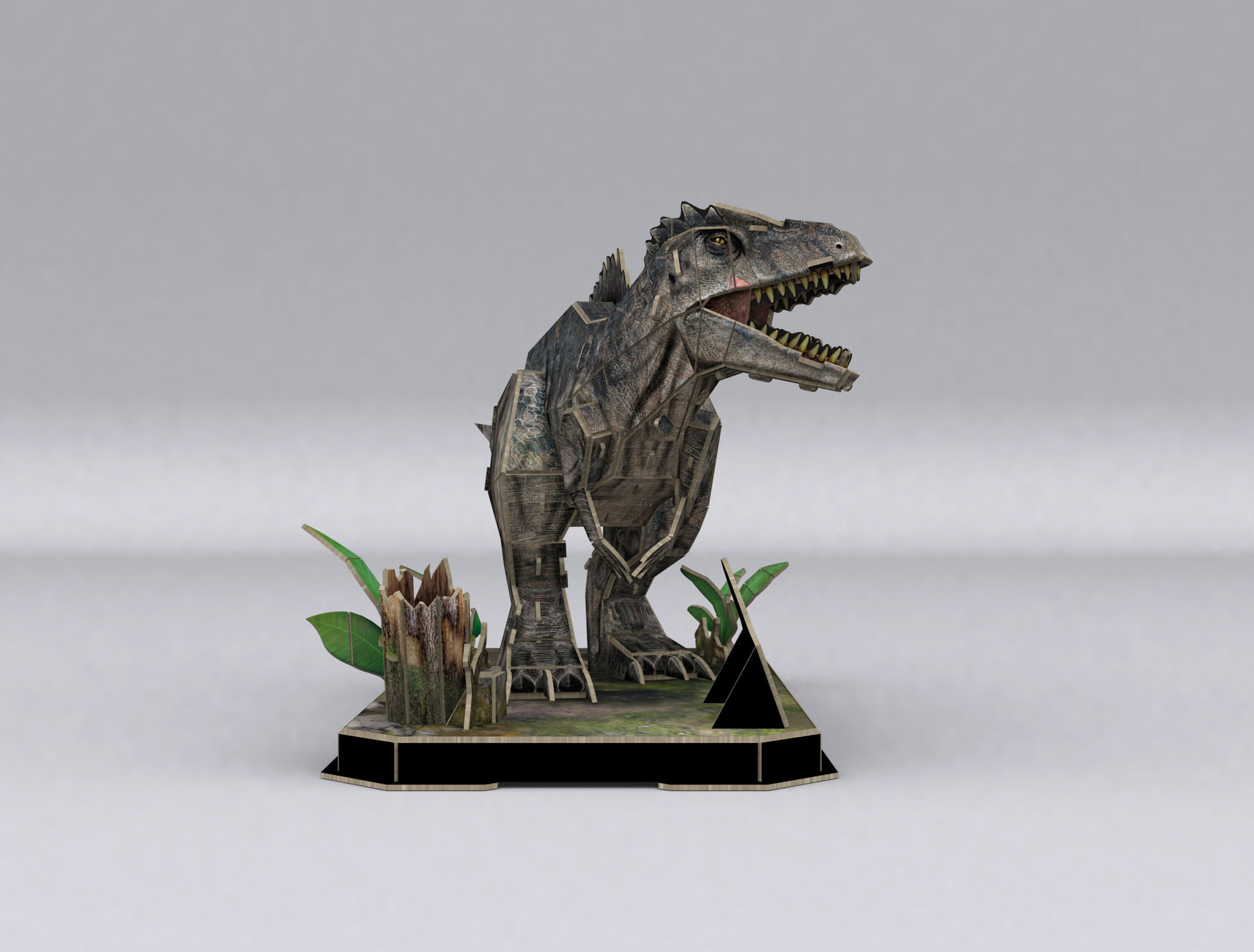 Een grijs dinosaurusmodel met open mond, staand op een basis met planten en een houten stronk. De achtergrond is effen wit.