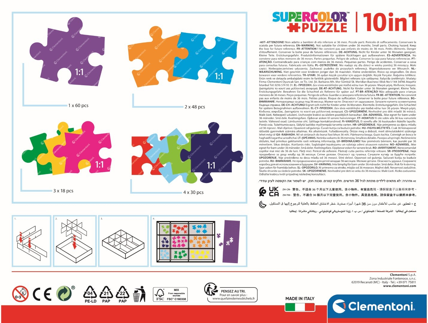 Pudełko z puzzlami, kawałkami i ilustracjami instrukcji.