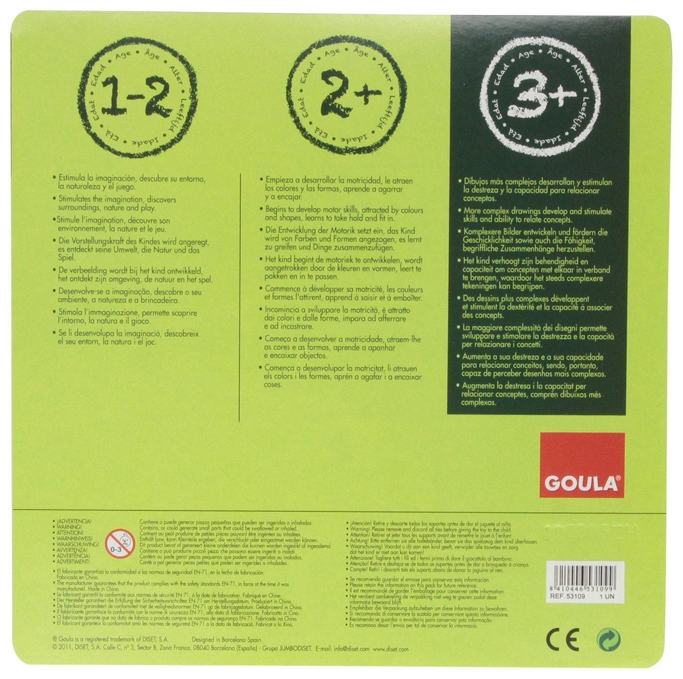 Caja con rangos de edad 1-2, 2+ y 3+, texto en varios idiomas y una etiqueta de advertencia.
