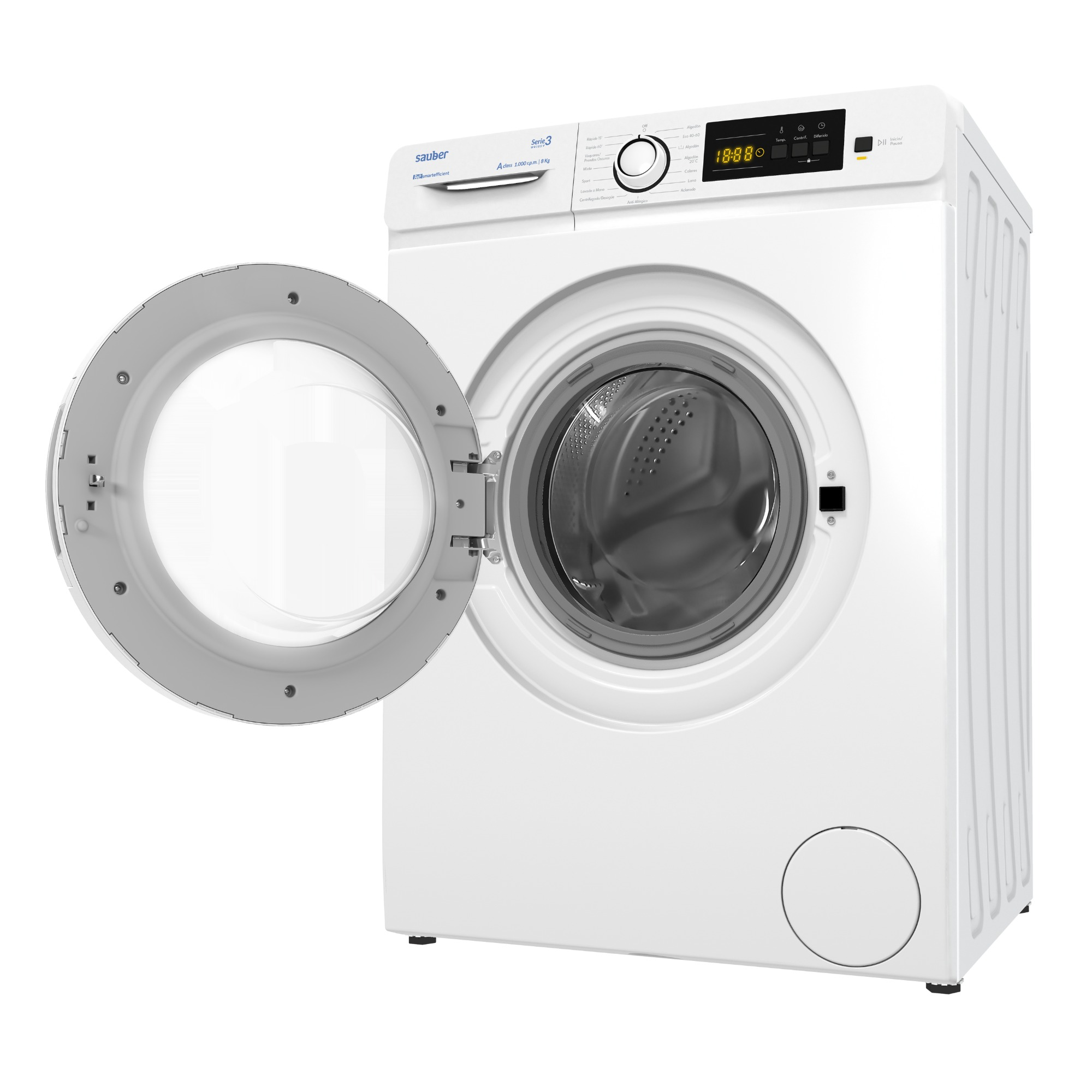 Una lavadora blanca con la puerta abierta. El panel de control muestra un reloj digital y varios ajustes.