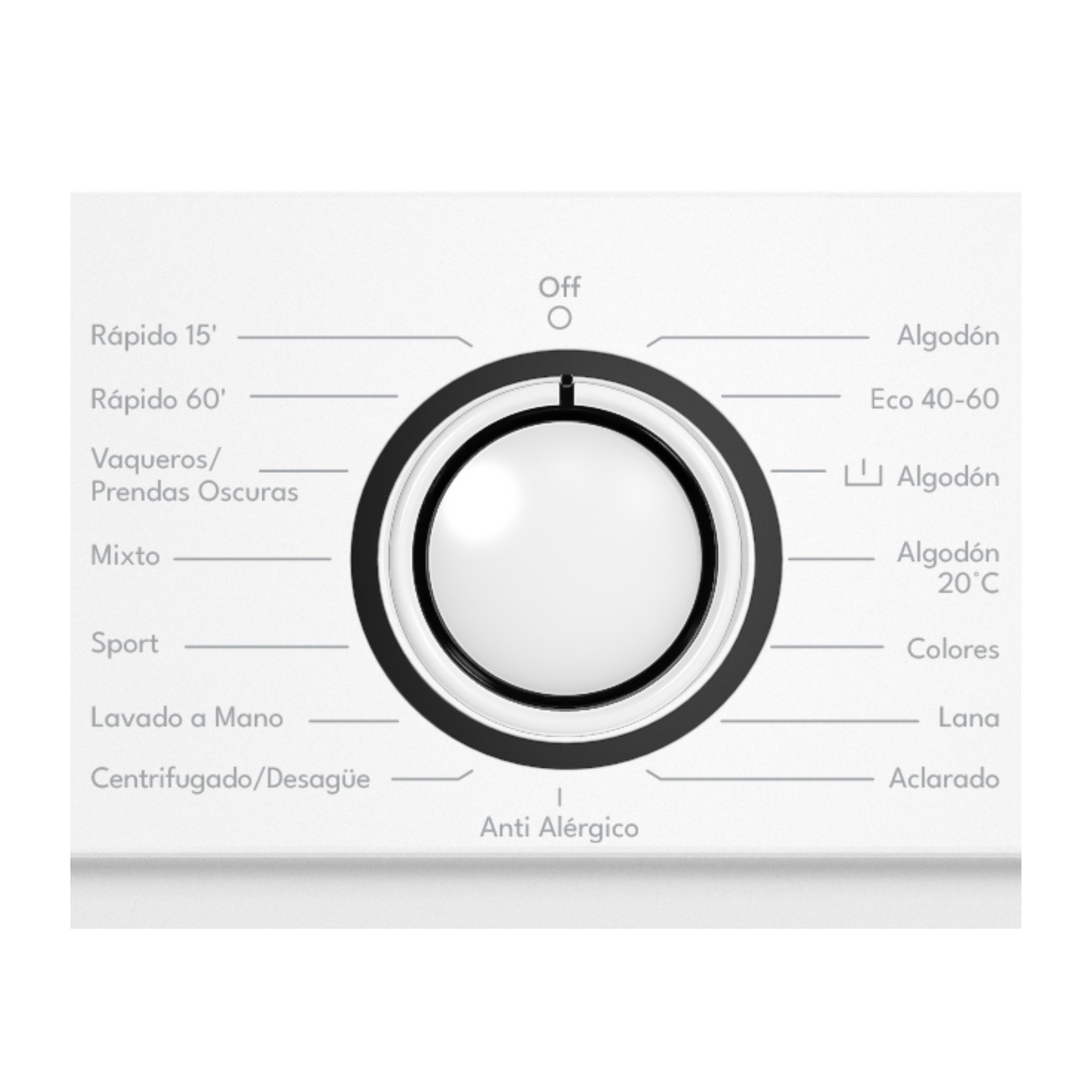 Panel de control de lavadora con dial central y varias opciones de ciclo de lavado, incluyendo algodón, lavado rápido y lavado a mano.