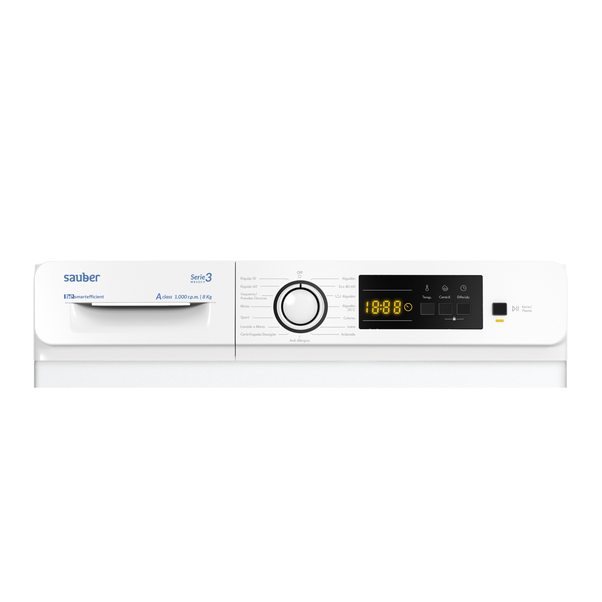 Panel de control de lavadora blanco. Tiene un dial, pantalla digital y botones. La hora es 18:88.