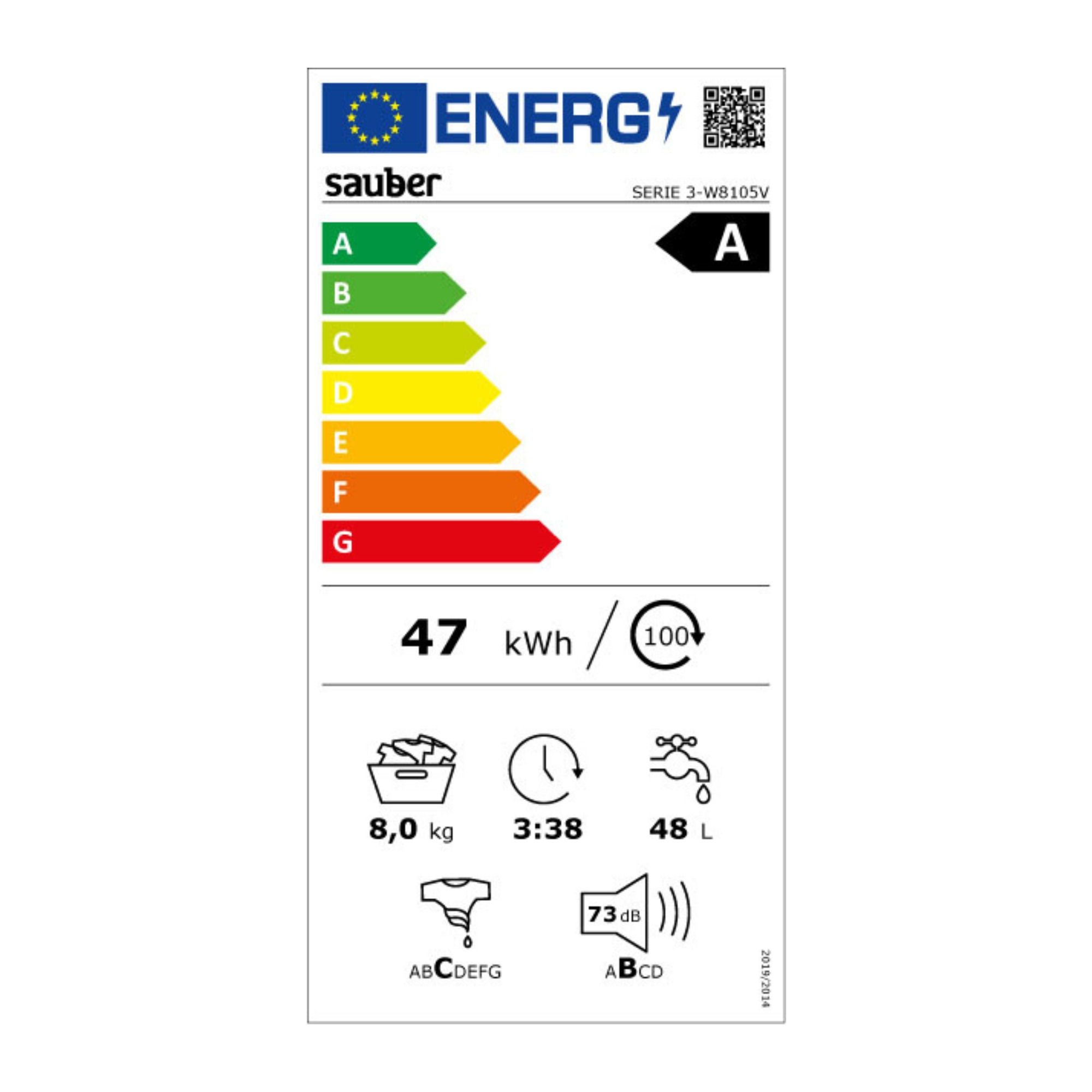 Etiqueta energética de lavadora, muestra la eficiencia, el consumo y otros detalles.