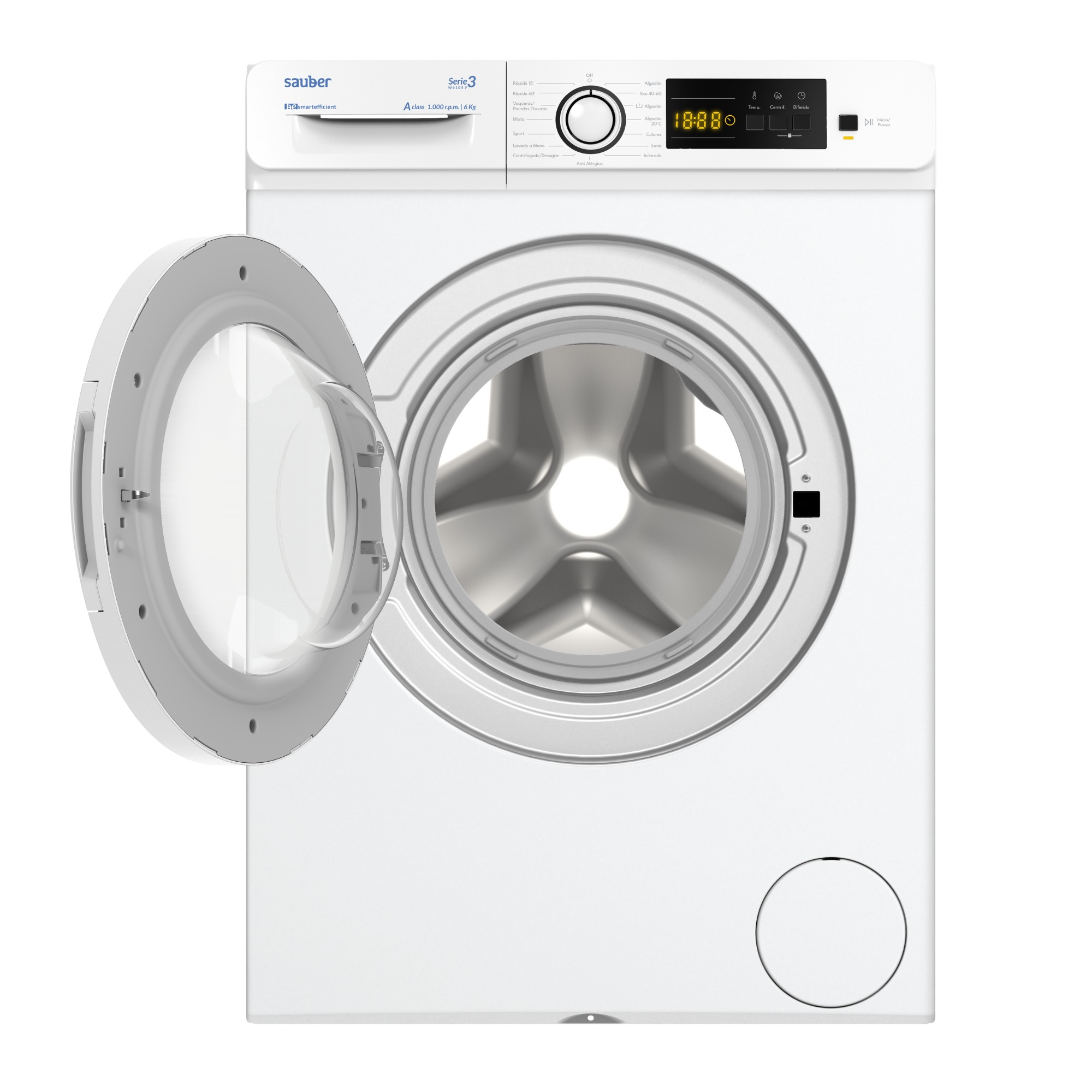Una lavadora blanca con la puerta abierta. Se ven controles y una pantalla digital.