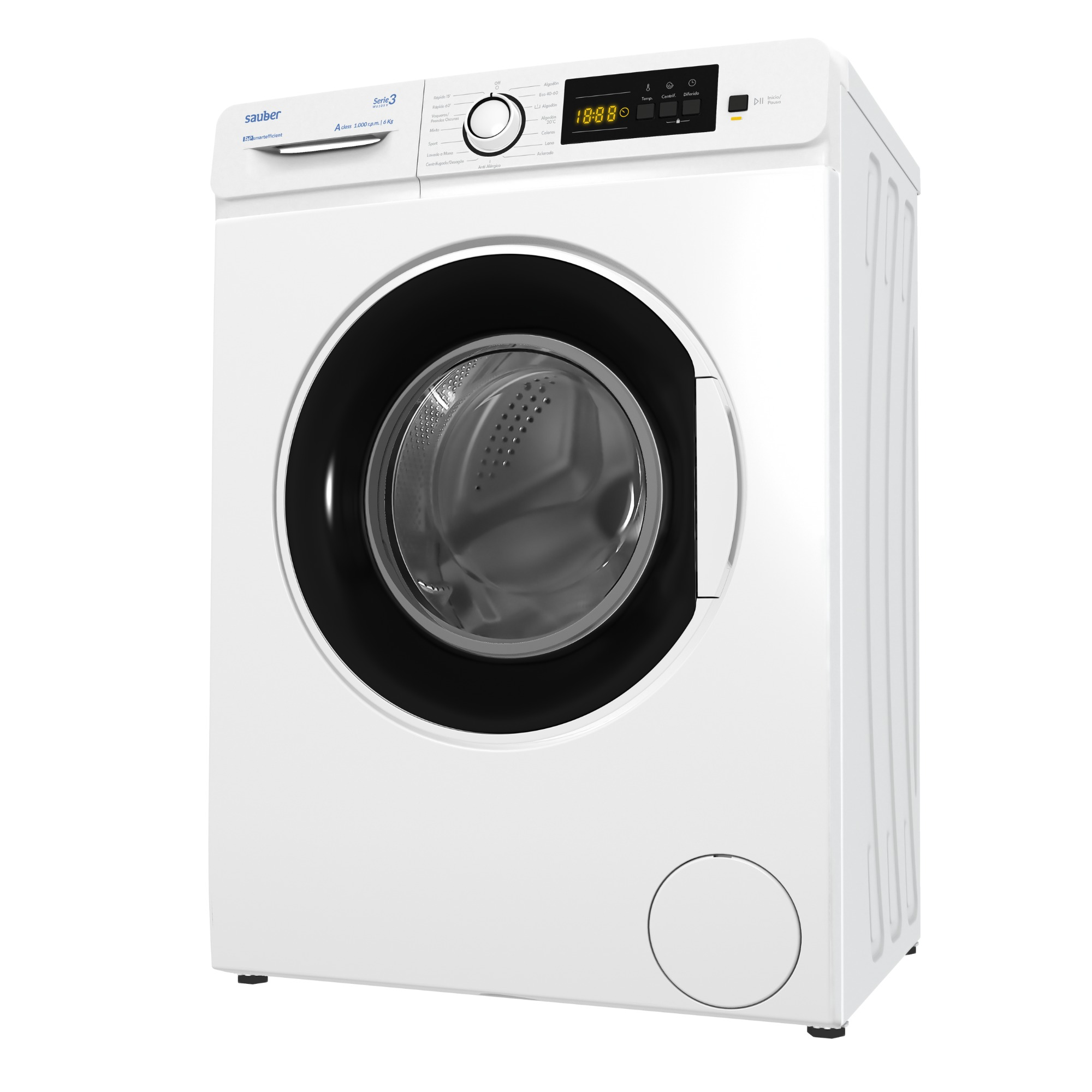 Lavadora blanca Sauber Serie 3. Tiene una puerta negra, pantalla digital y dial de control. El tambor es visible.