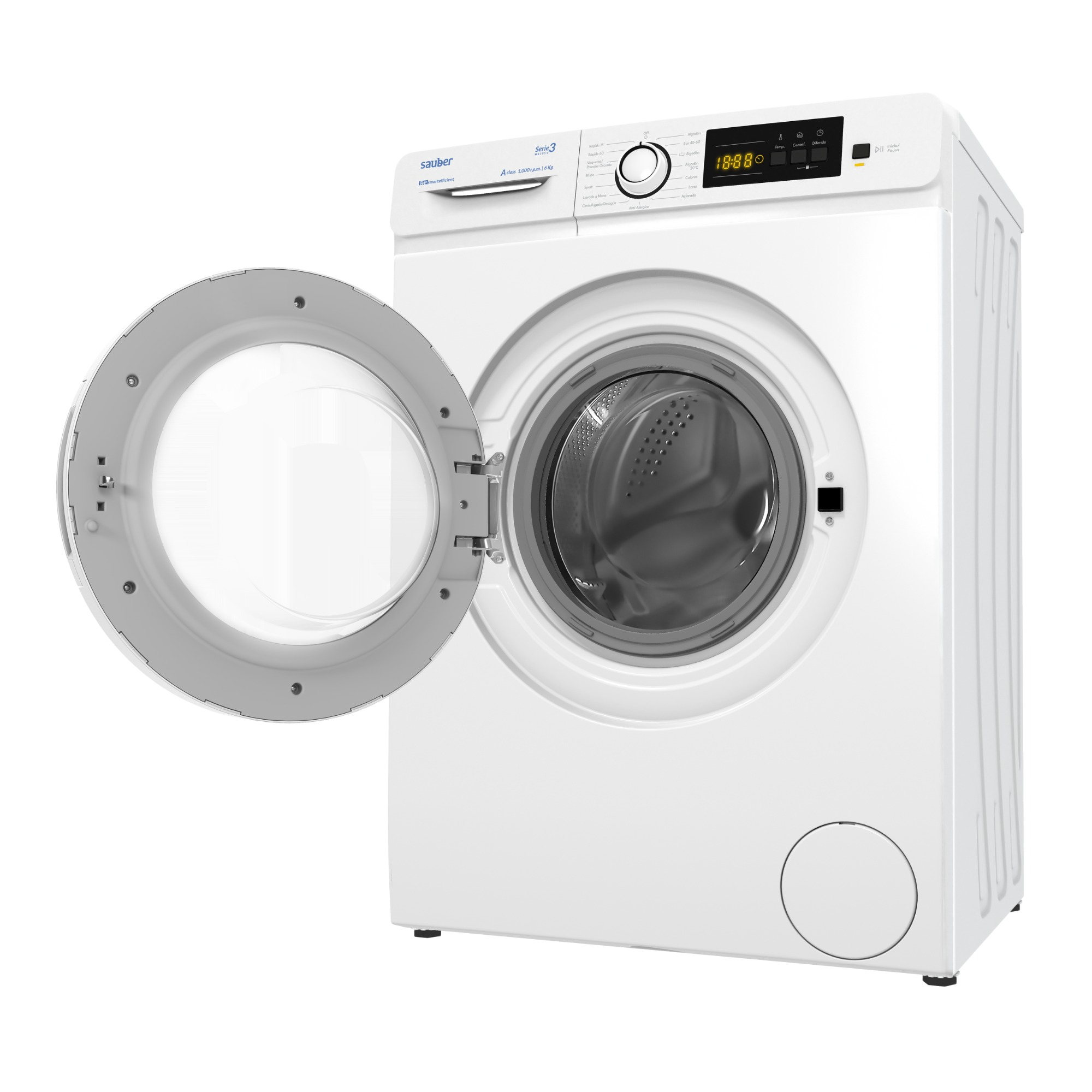 Una lavadora blanca Sauber con la puerta abierta. El panel de control muestra un reloj digital. La puerta tiene un marco gris.