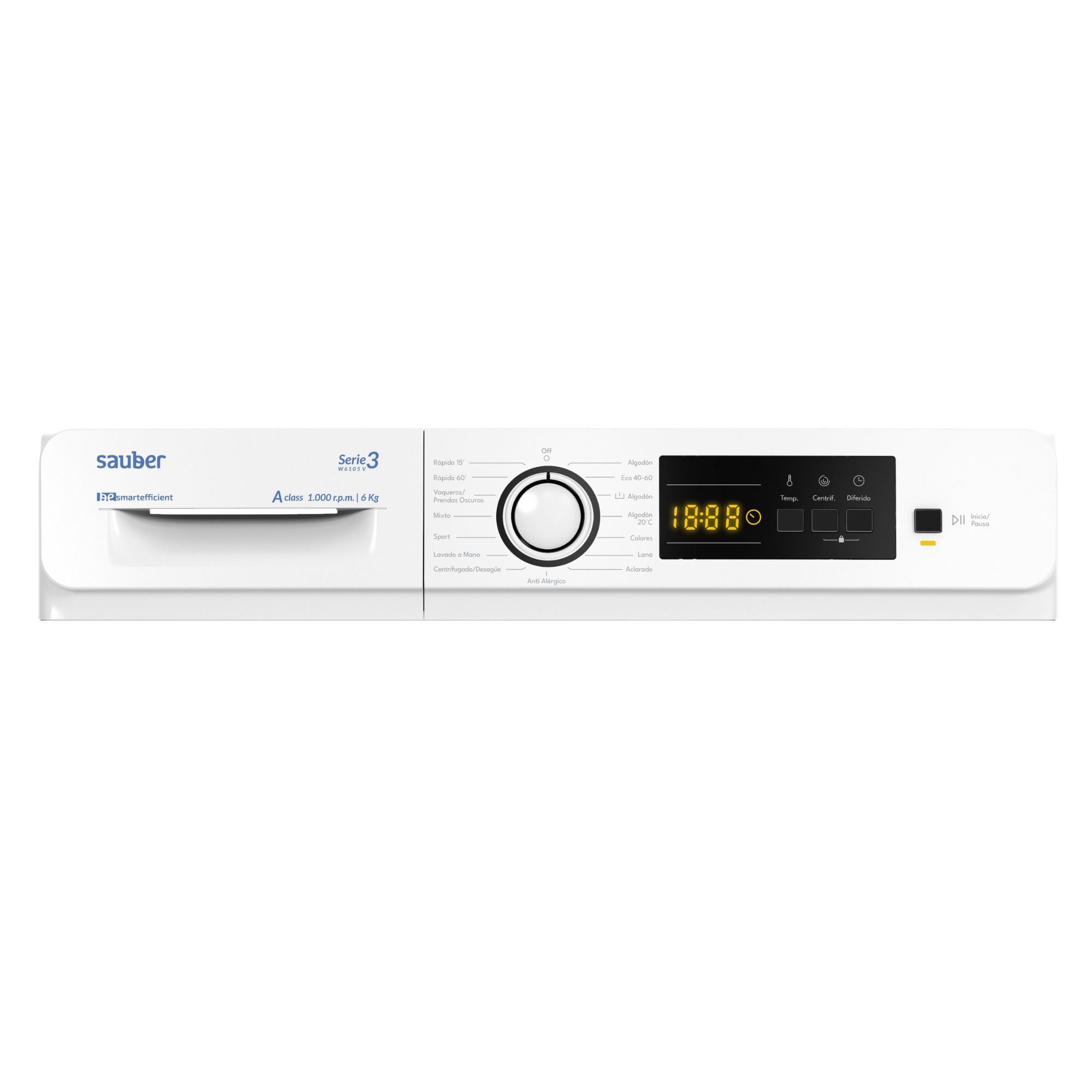Panel de control de lavadora blanco con dial, pantalla y botones. Tiene una pantalla digital que muestra 10:88.