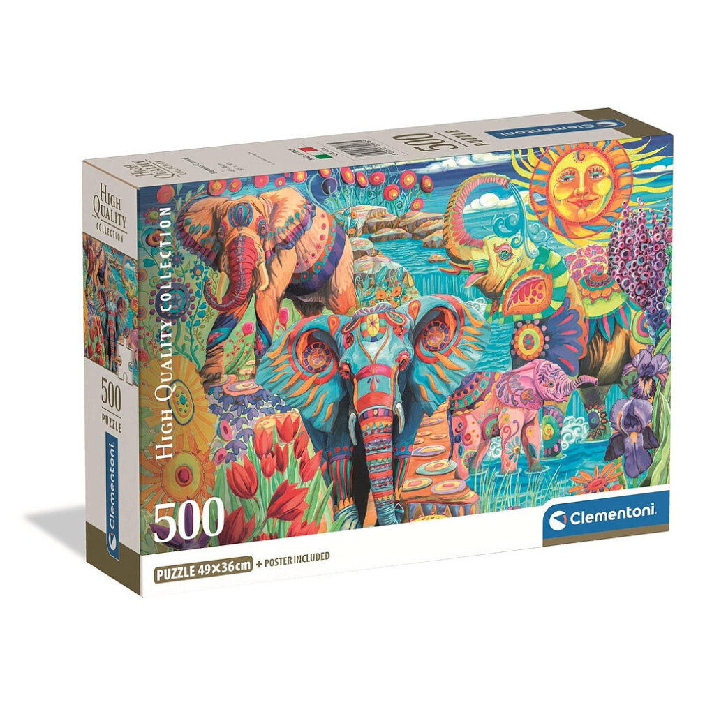Boîte de puzzle avec des éléphants colorés, des fleurs et un soleil. La boîte indique '500 Puzzle' et 'Clementoni'.