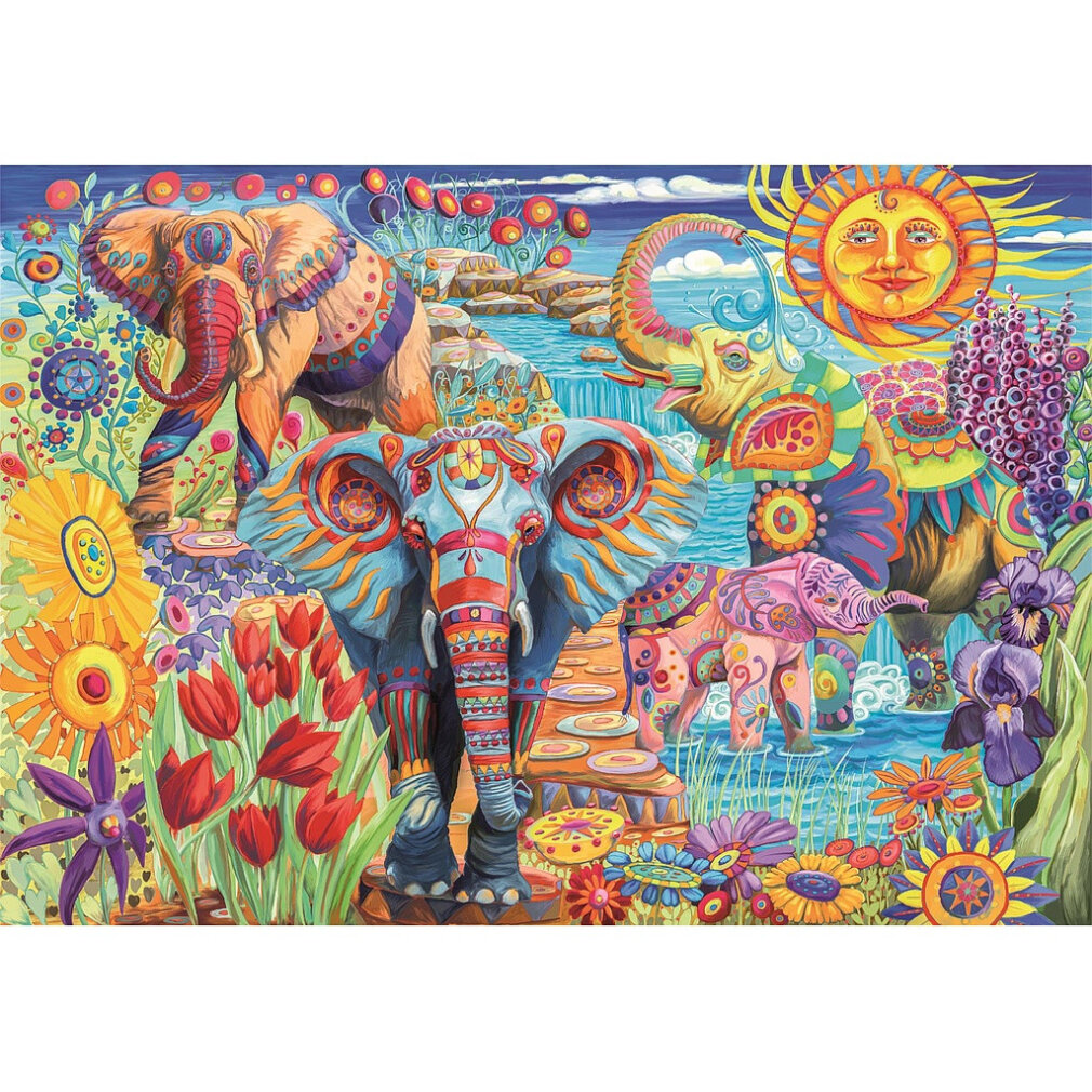 Illustration colorée d'éléphants au milieu de fleurs, d'une cascade et d'un soleil souriant. Les éléphants ont des motifs ornés.