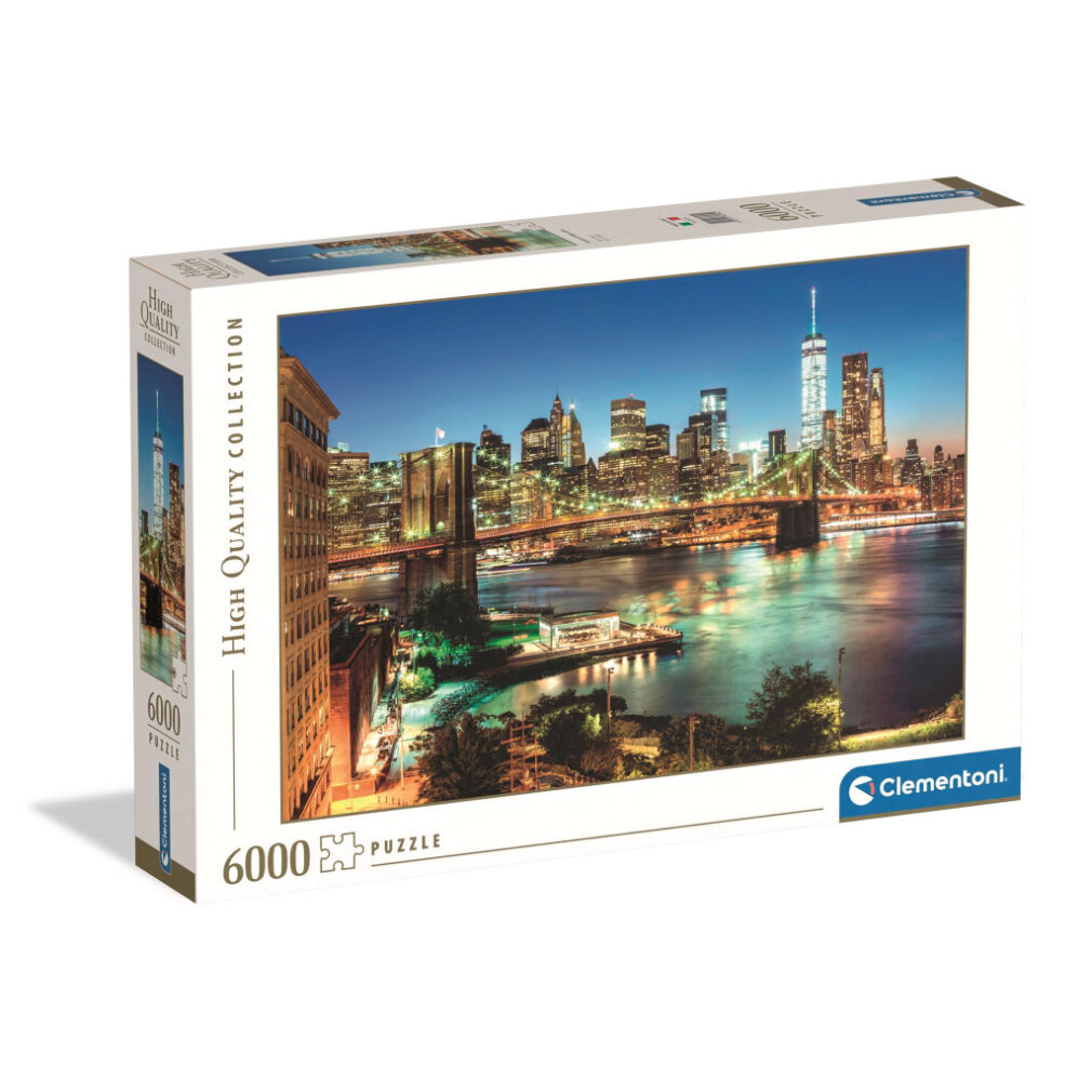 Puzzledose zeigt die Skyline von New York bei Dämmerung. Gebäude, Brücke und Wasser sind sichtbar. Auf der Box steht 'High Quality Collection' und '6000 Puzzle'.