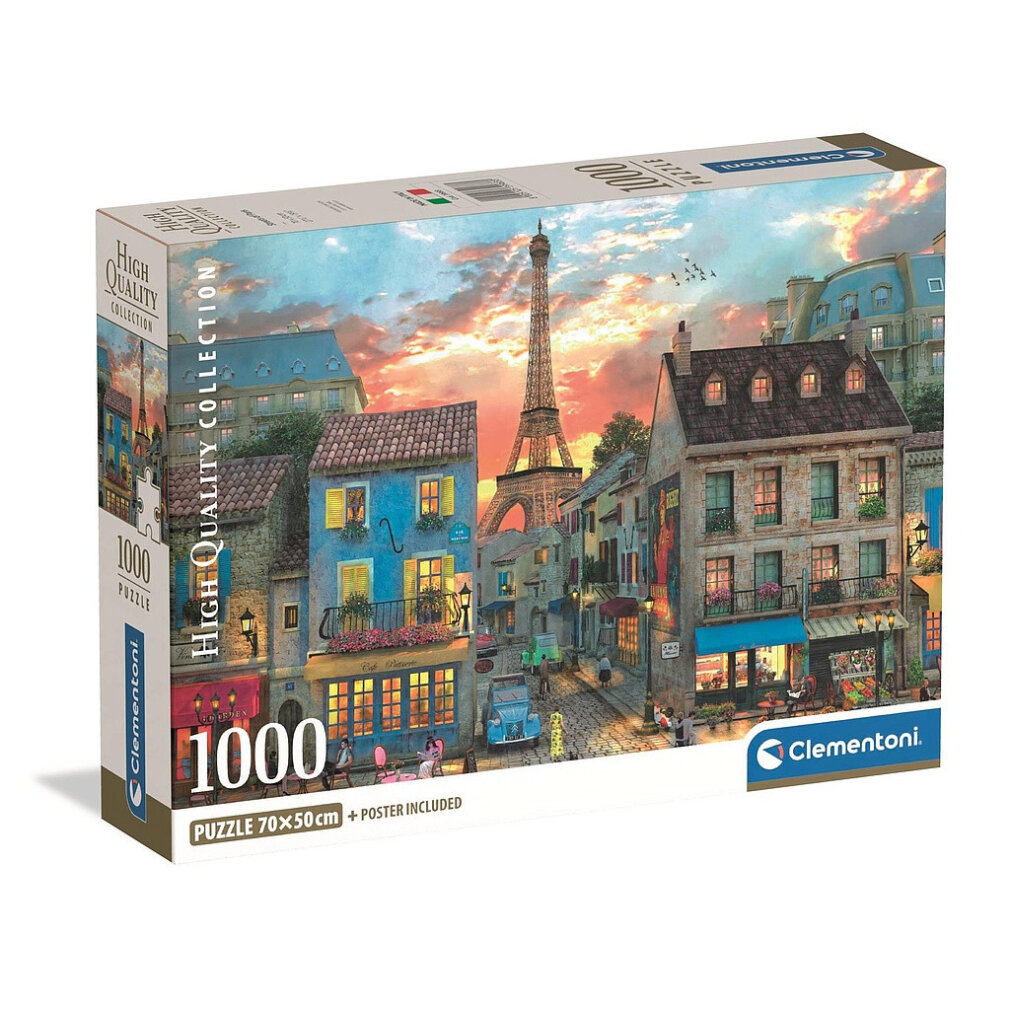 Puzzeldoos toont een Parijse straatscene met de Eiffeltoren, gebouwen en een blauwe auto. Op de doos staat '1000 Puzzle'.
