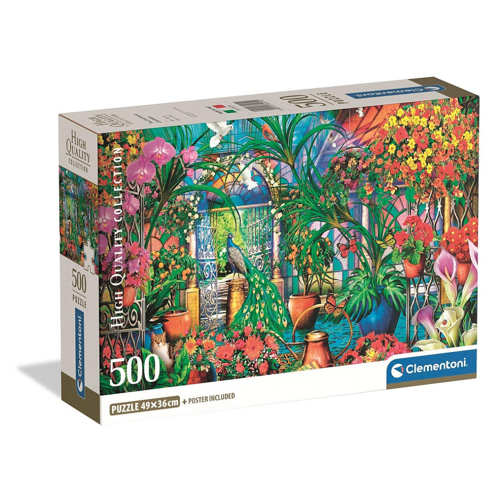 Eine Puzzleschachtel mit einer Gartenszene. Ein Pfau steht in der Nähe eines gewölbten Eingangs, umgeben von Blumen und Schmetterlingen.