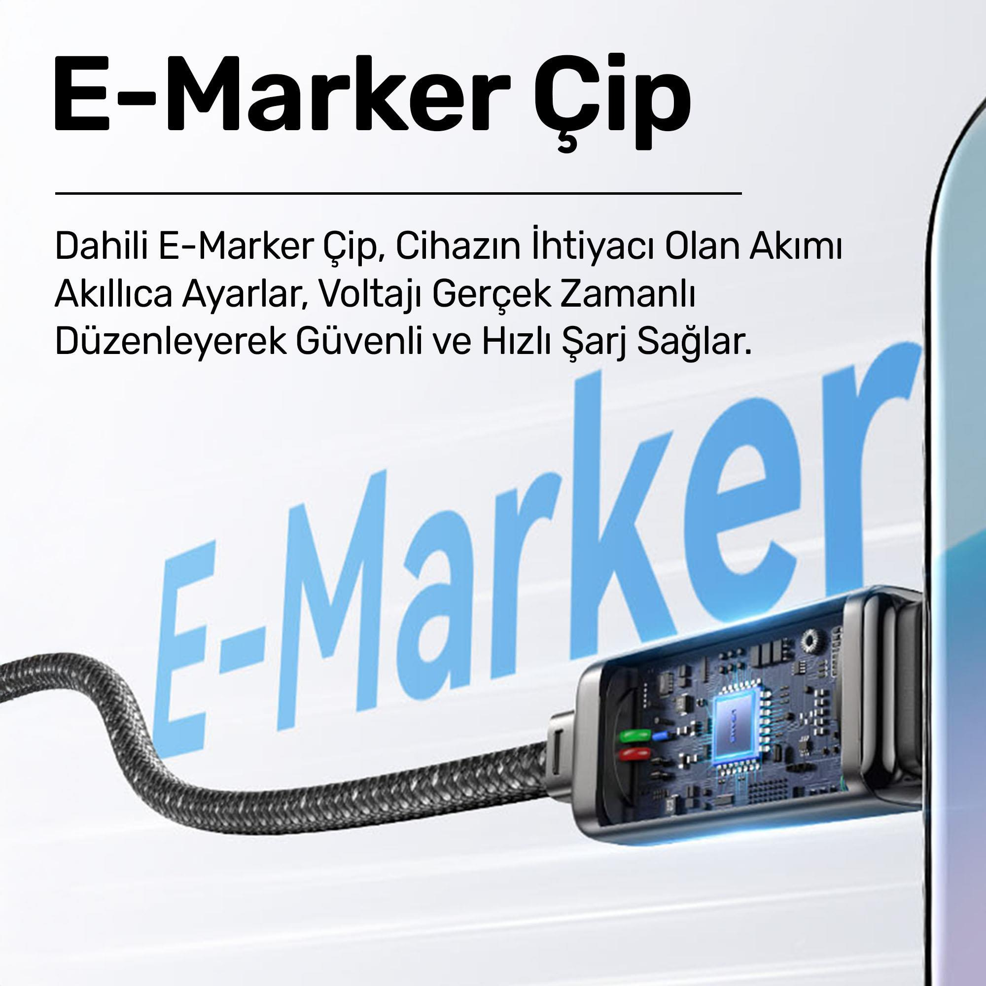 L'immagine mostra un chip E-Marker, un cavo di ricarica e testo. Il chip è blu.