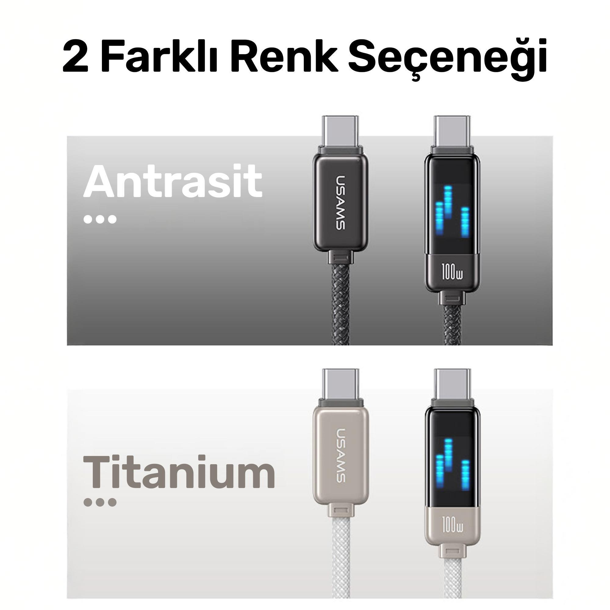 L'immagine mostra due cavi USB-C, antracite e titanio. Il testo in alto dice '2 diverse opzioni di colore'.