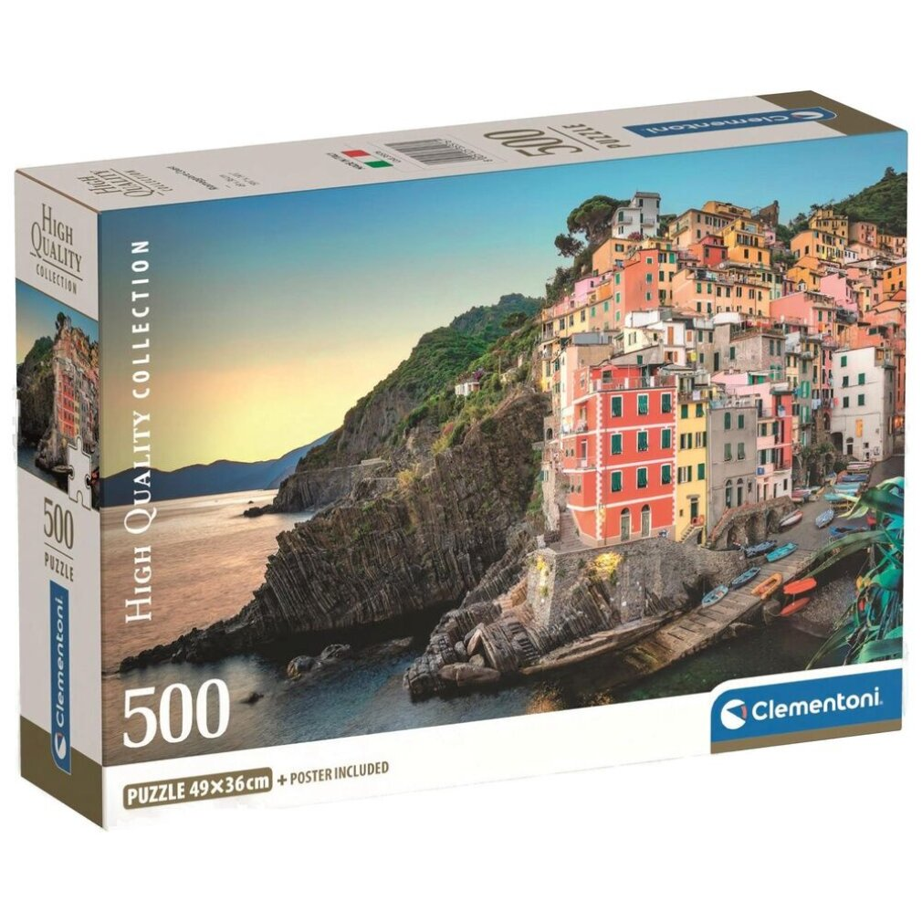 Eine Puzzledose mit bunten Gebäuden auf einer Klippe am Meer. Auf der Schachtel stehen 'High Quality Collection' und '500 Puzzleteile'.