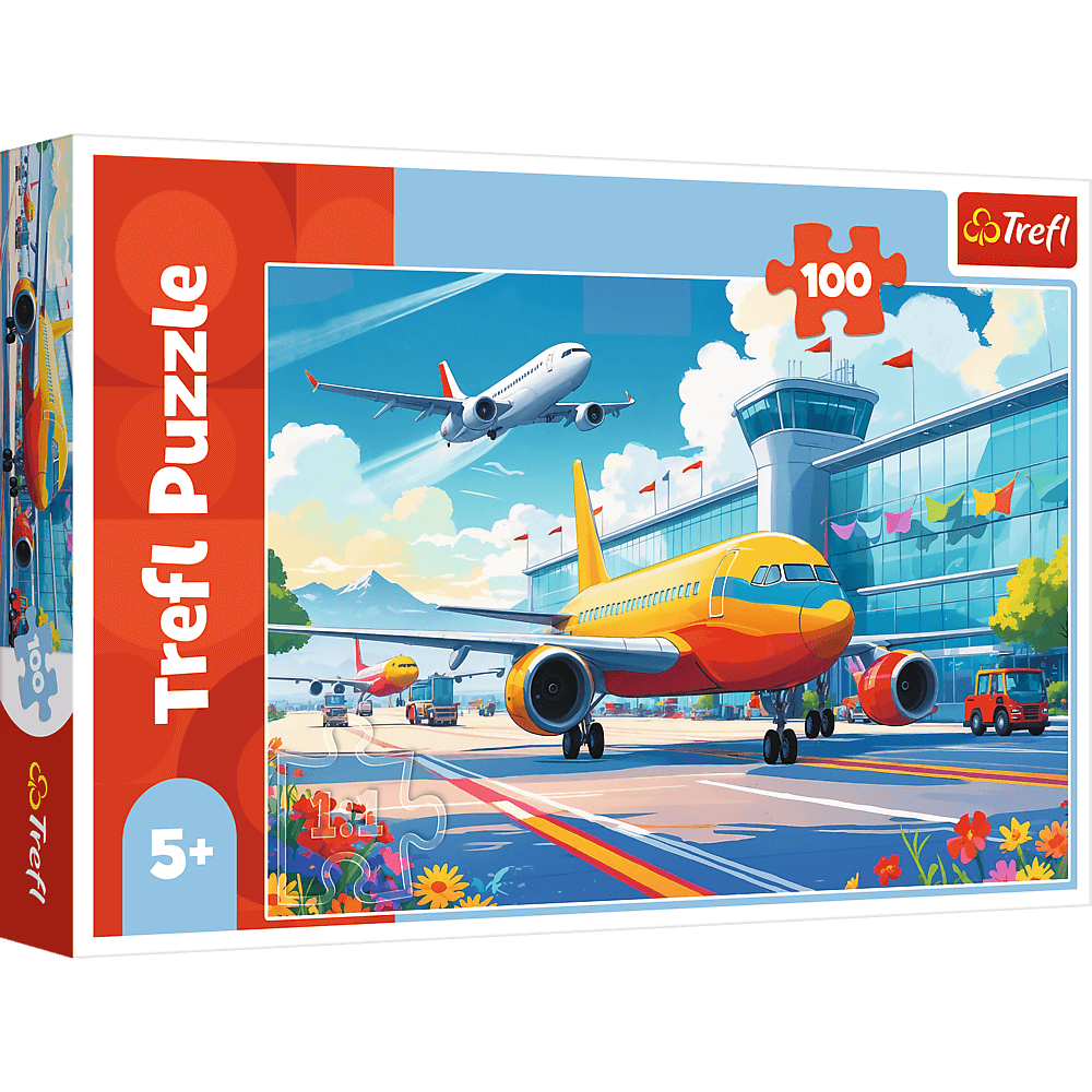 Une boîte de puzzle colorée montrant une scène d'aéroport avec des avions, une tour de contrôle et des véhicules de service. Le puzzle est de 100 pièces.