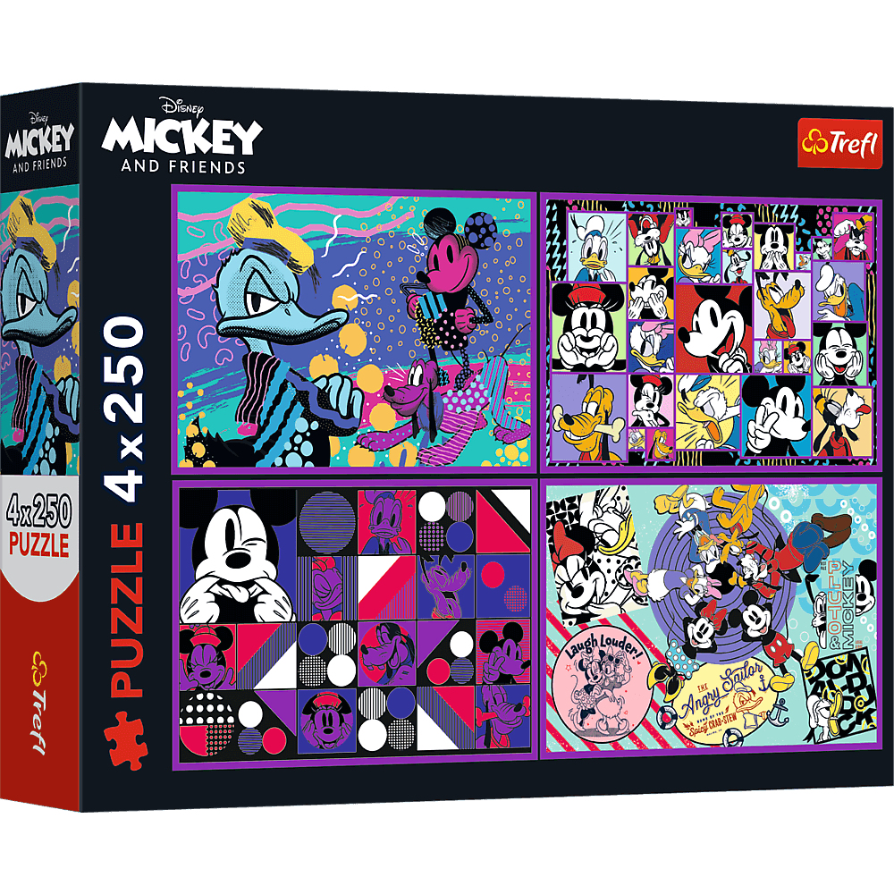 Puzzledose mit Micky- und Freunde-Figuren. Enthält Donald Duck, Mickey Mouse, Goofy und Pluto in farbenfrohen Designs.