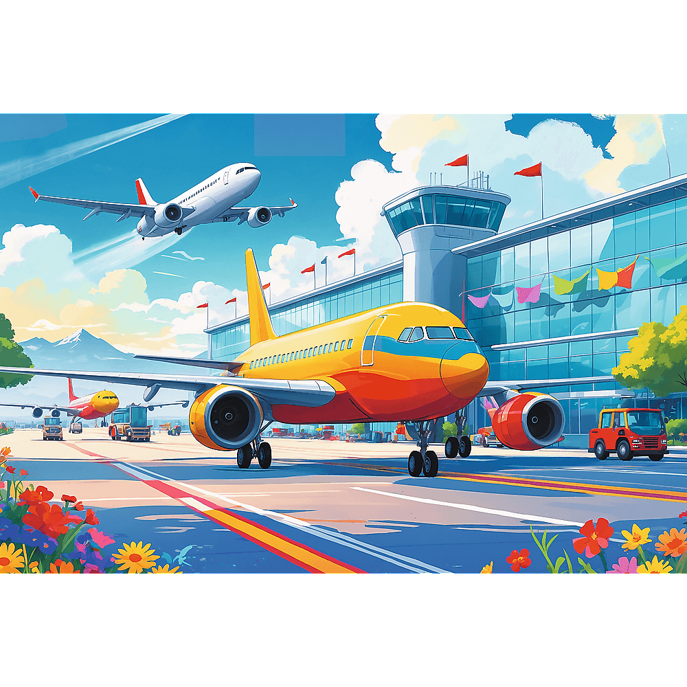 Une scène d'aéroport avec des avions, une tour de contrôle et des véhicules. Fleurs colorées au premier plan. Ciel bleu nuageux.