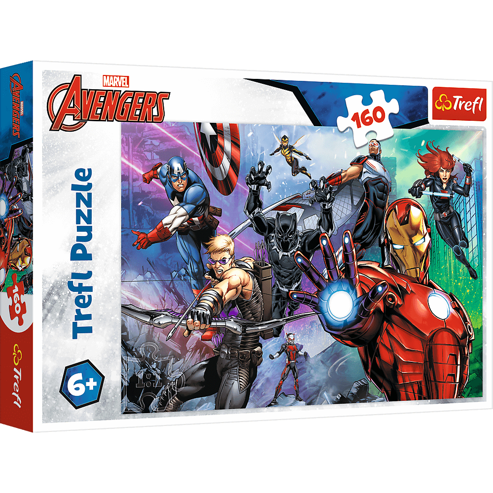 Pudełko z puzzlami Avengers. Kapitan Ameryka, Iron Man, Czarna Wdowa i inni. Styl komiksowy.