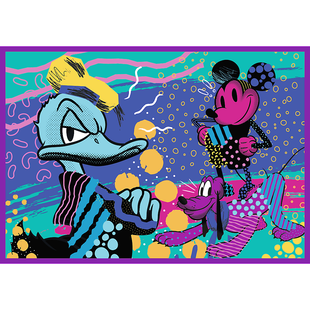 Donald Duck, Mickey Mouse und Pluto in einer abstrakten Illustration. Donald Duck ist wütend. Mickey hält etwas. Pluto liegt am Boden.