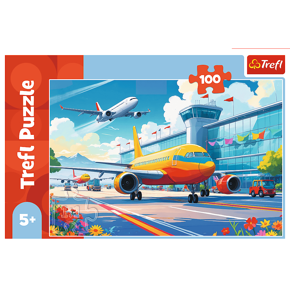 Un puzzle coloré montre une scène d'aéroport avec des avions, une tour de contrôle et des véhicules. Un avion décolle.