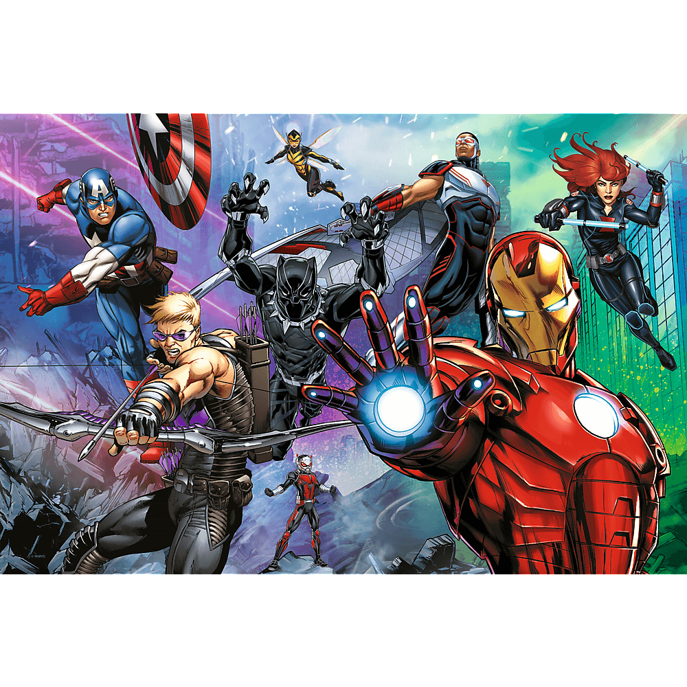 Bohaterowie Marvela w akcji. Kapitan Ameryka, Iron Man, Czarna Wdowa, Hawkeye i inni w pozach z tłem miejskim.