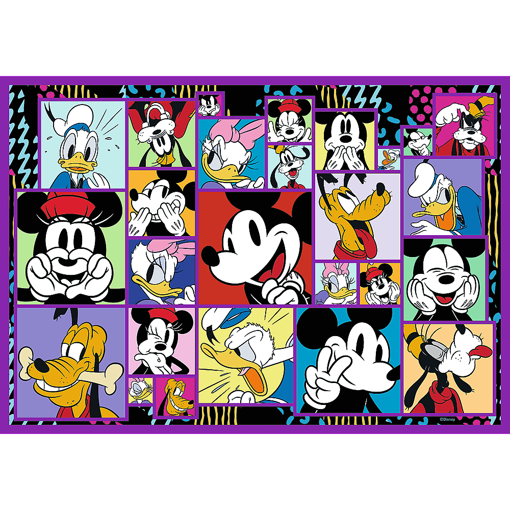 Bunte Collage von Disney-Charakteren wie Mickey, Minnie, Donald, Daisy und Pluto. Jeder in einem quadratischen Rahmen, mit lila Rand.