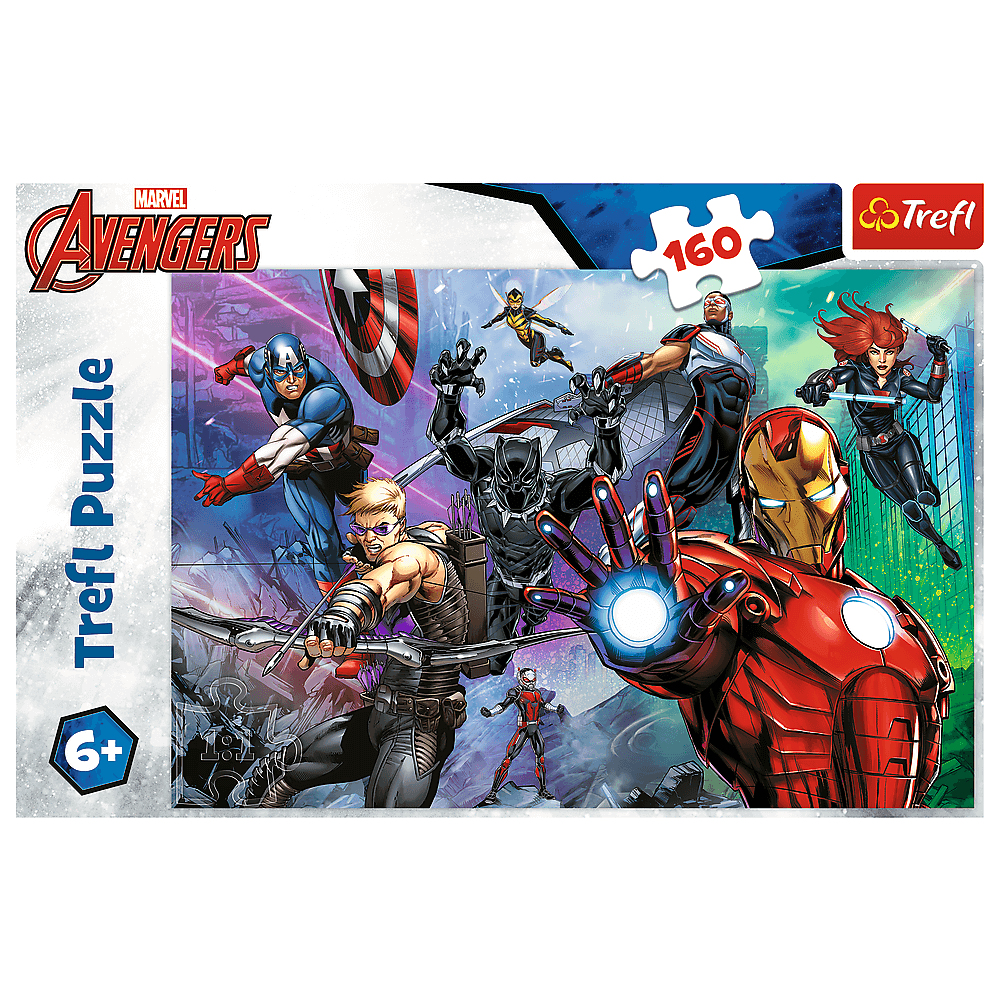 Puzzle Avengers. Iron Man, Kapitan Ameryka, Czarna Pantera, Hawkeye, Czarna Wdowa i inni walczą na tle miasta.
