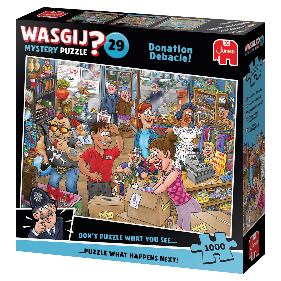 Una scatola di puzzle a cartoni animati raffigura un negozio di beneficenza. Le persone frugando nelle scatole e fanno acquisti. Un poliziotto sta pensando.