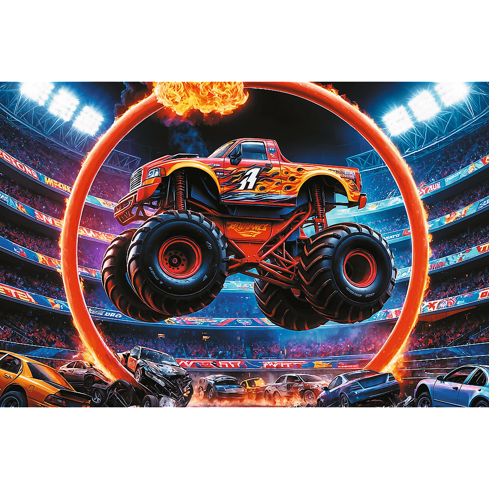 Ein Monstertruck springt durch einen Feuerring in einem Stadion. Autos werden unten zerquetscht. Der Truck ist rot und hat Flammen.