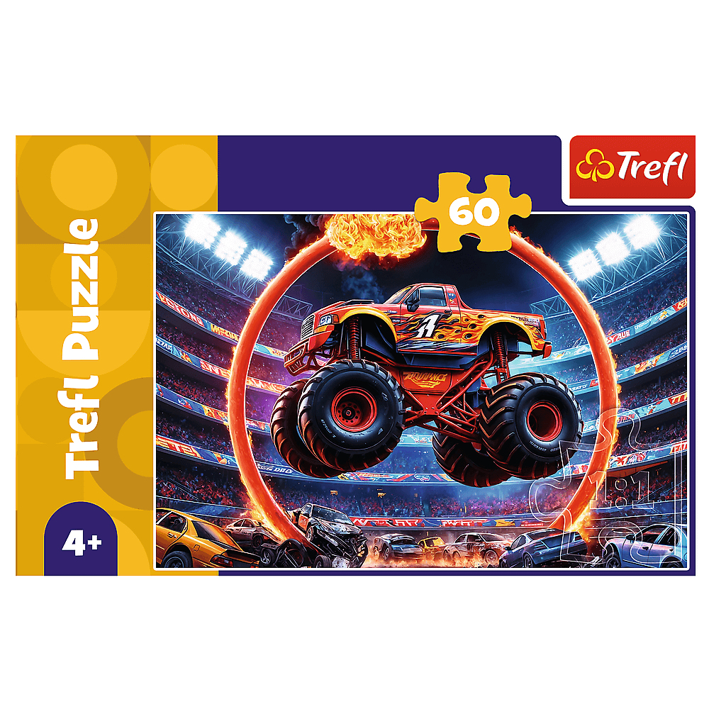Monster-Truck-Puzzle. Roter Truck mit Flammen springt durch einen Feuerreifen über zerstörte Autos im Stadion.