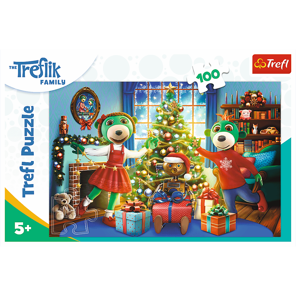 Puzzle zeigt Cartoon-Bären, die einen Weihnachtsbaum mit einem Roboter schmücken. Geschenke sind davor. Ein Kamin und ein Bücherregal sind im Hintergrund.