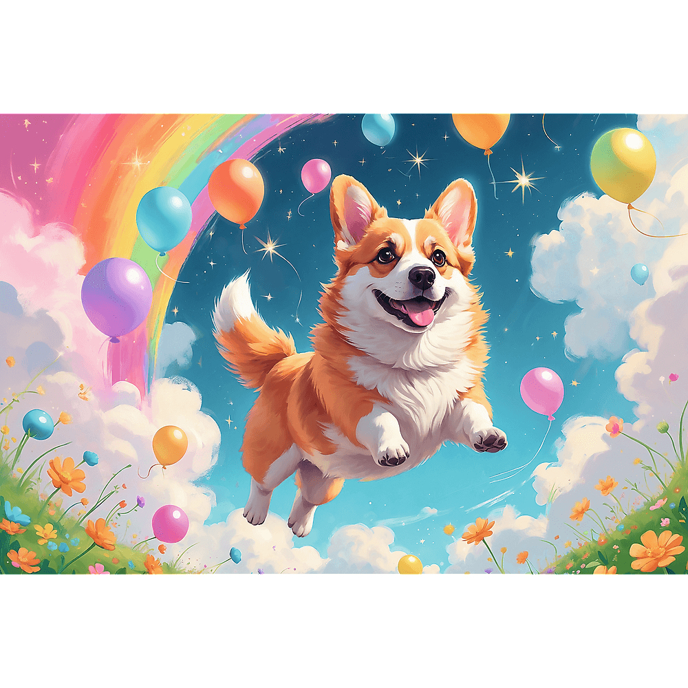 Een vrolijke corgi zweeft. Ballonnen, een regenboog, bloemen en wolken vullen de achtergrond. Sterren twinkelen in de lucht.