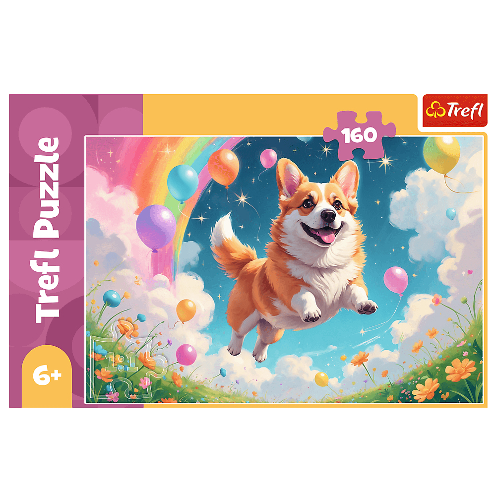 Een Corgi-hond springt in de lucht. Regenboog en ballonnen op de achtergrond. Het is een puzzel van Trefl.