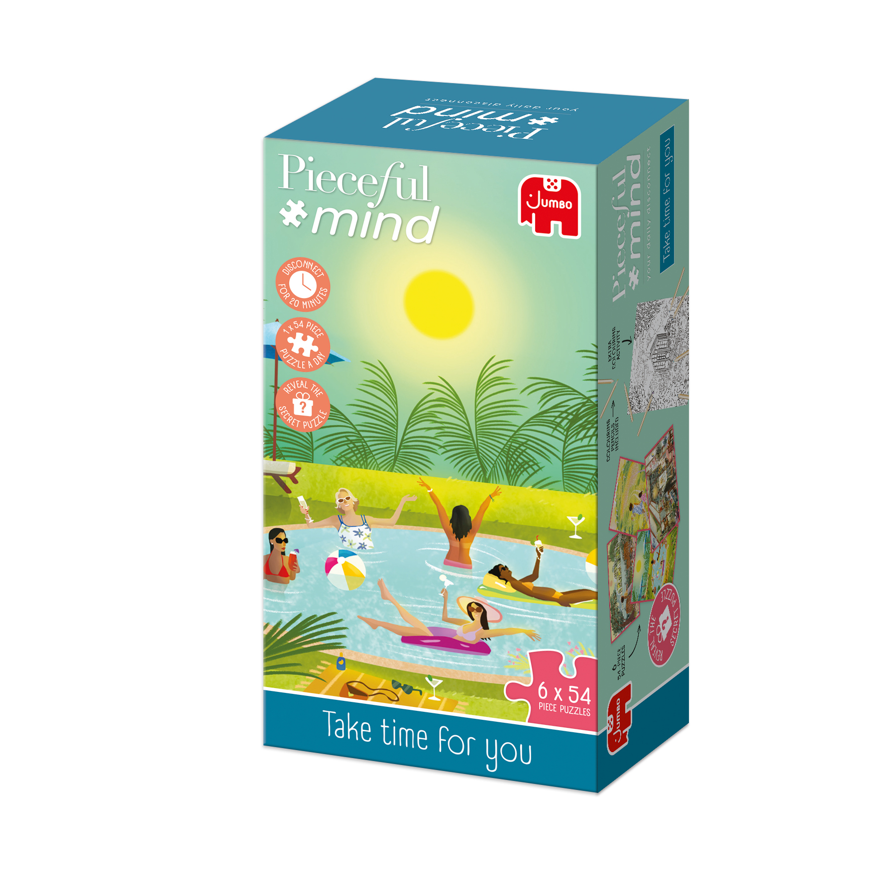 Puzzledose zeigt Menschen, die sich in einem Pool entspannen. Die Box hat die Wörter 'Pieceful Mind' und 'Take time for you'.