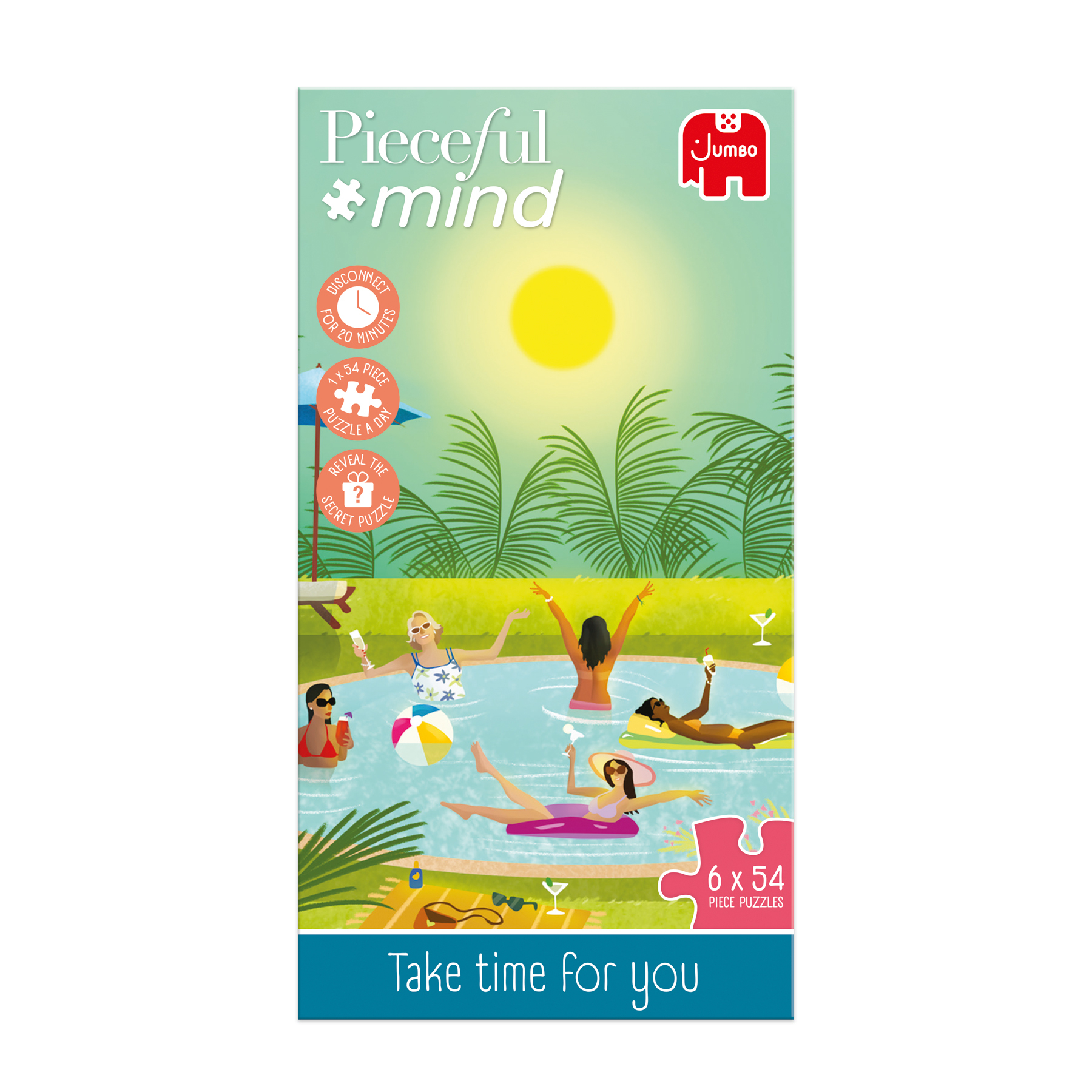 Puzzledose zeigt eine Poolszene mit Frauen, Cocktails und einem Strandball unter sonnigem Himmel. Das Jumbo-Logo ist sichtbar.