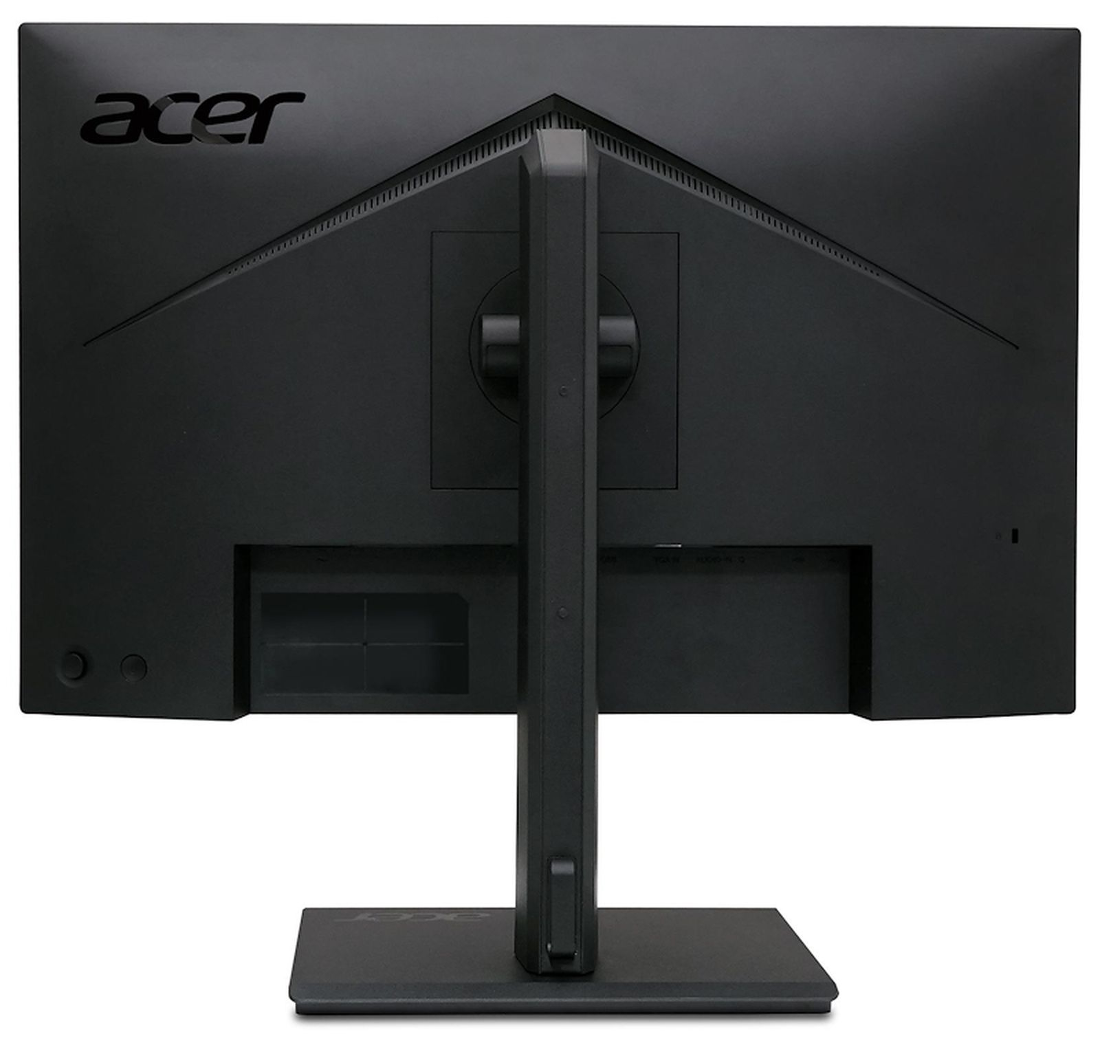 Widok z tyłu czarnego monitora Acer. Ma podstawę i czarną ramkę. Logo Acer jest widoczne na górze.