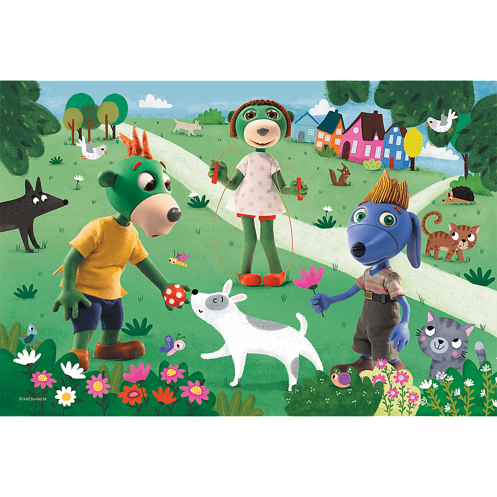 Cartoon-Szene: Charaktere spielen in einem Park. Hund springt Seil, andere halten Ball und Blume. Katzen, Vögel und Häuser im Hintergrund.
