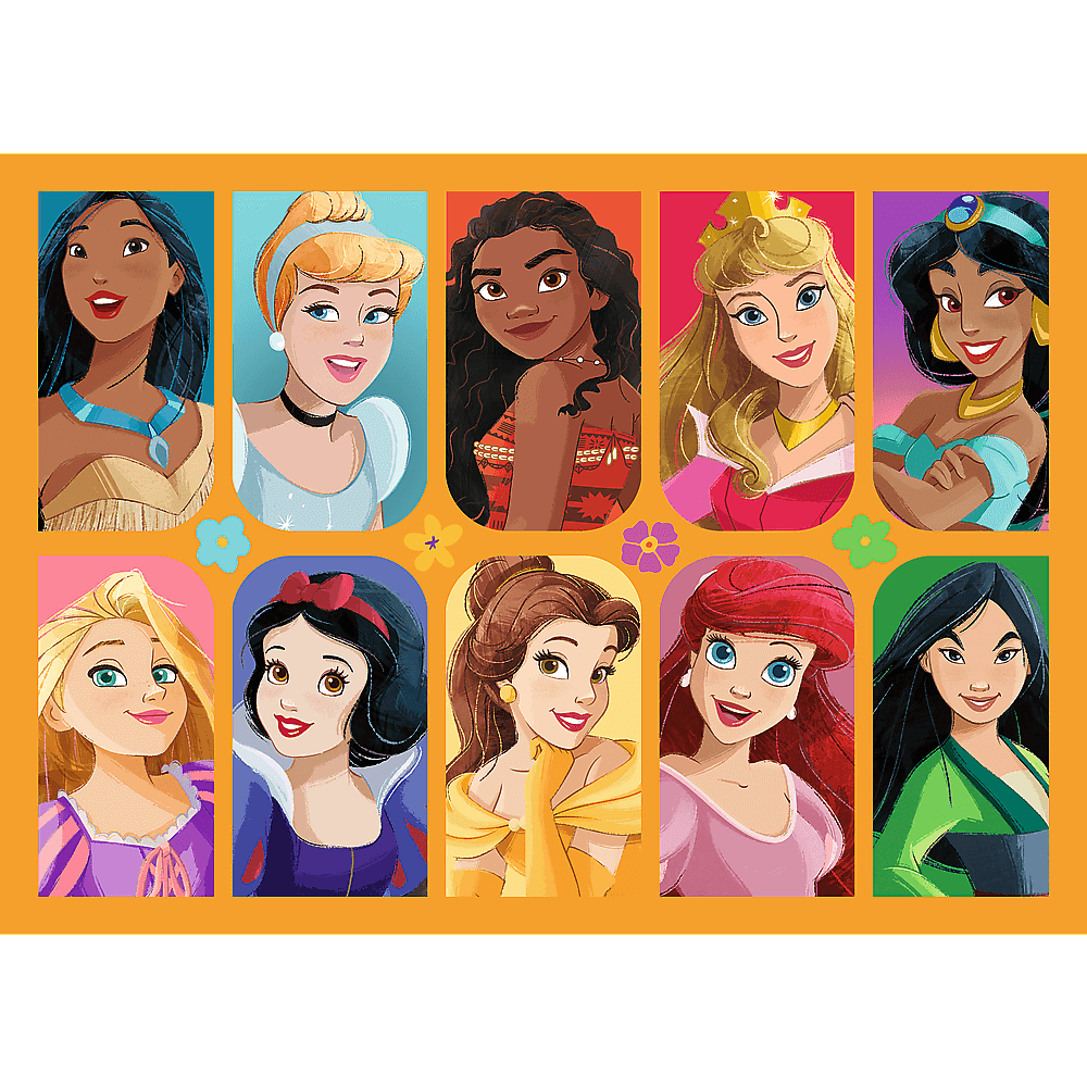 Tien Disney-prinsessen in kleurrijke rechthoeken. Elk portret toont een glimlachende prinses met unieke kenmerken en outfits.