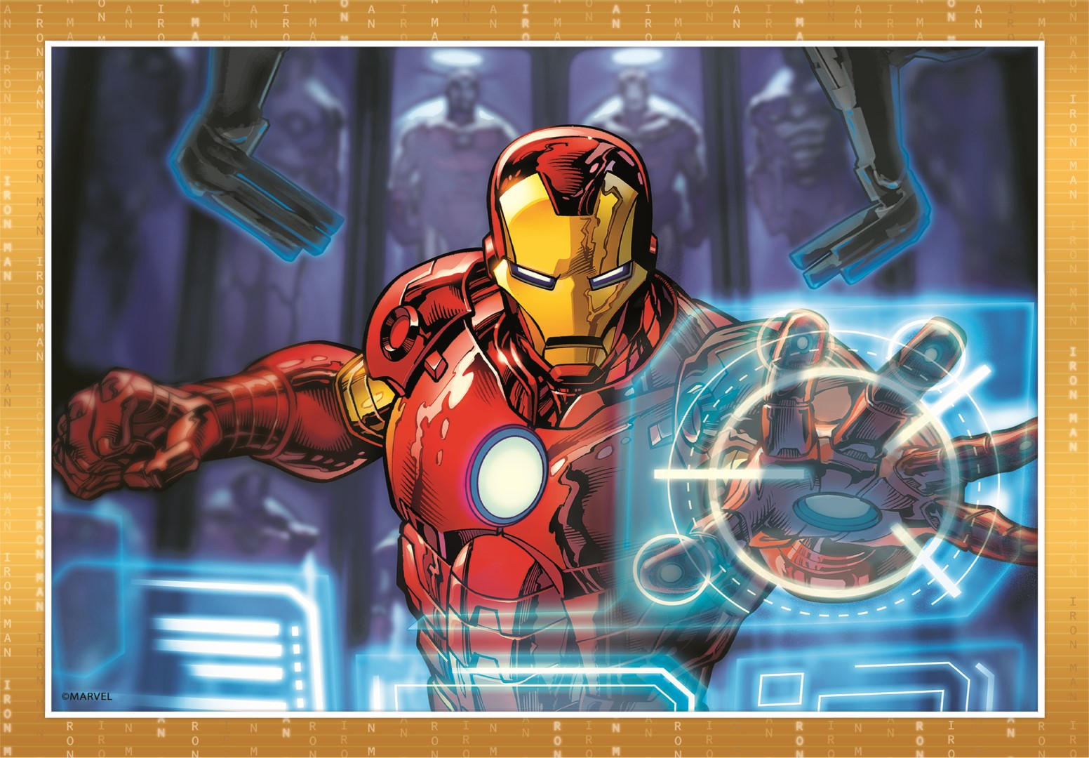 Iron Man, con traje rojo y dorado, extiende la mano. Un campo de energía azul rodea su mano. Figuras de fondo.