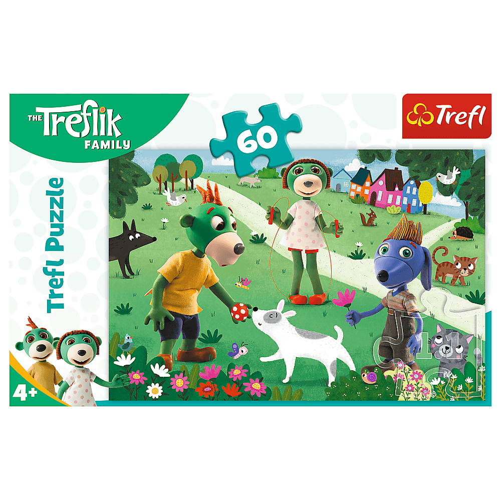 Ein Trefl-Puzzle mit Zeichentricktieren: Hunden, Katzen und Vögeln. Ein Hund springt Seil. Ein anderer bietet einen Pilz an. Häuser und Blumen sind im Hintergrund.