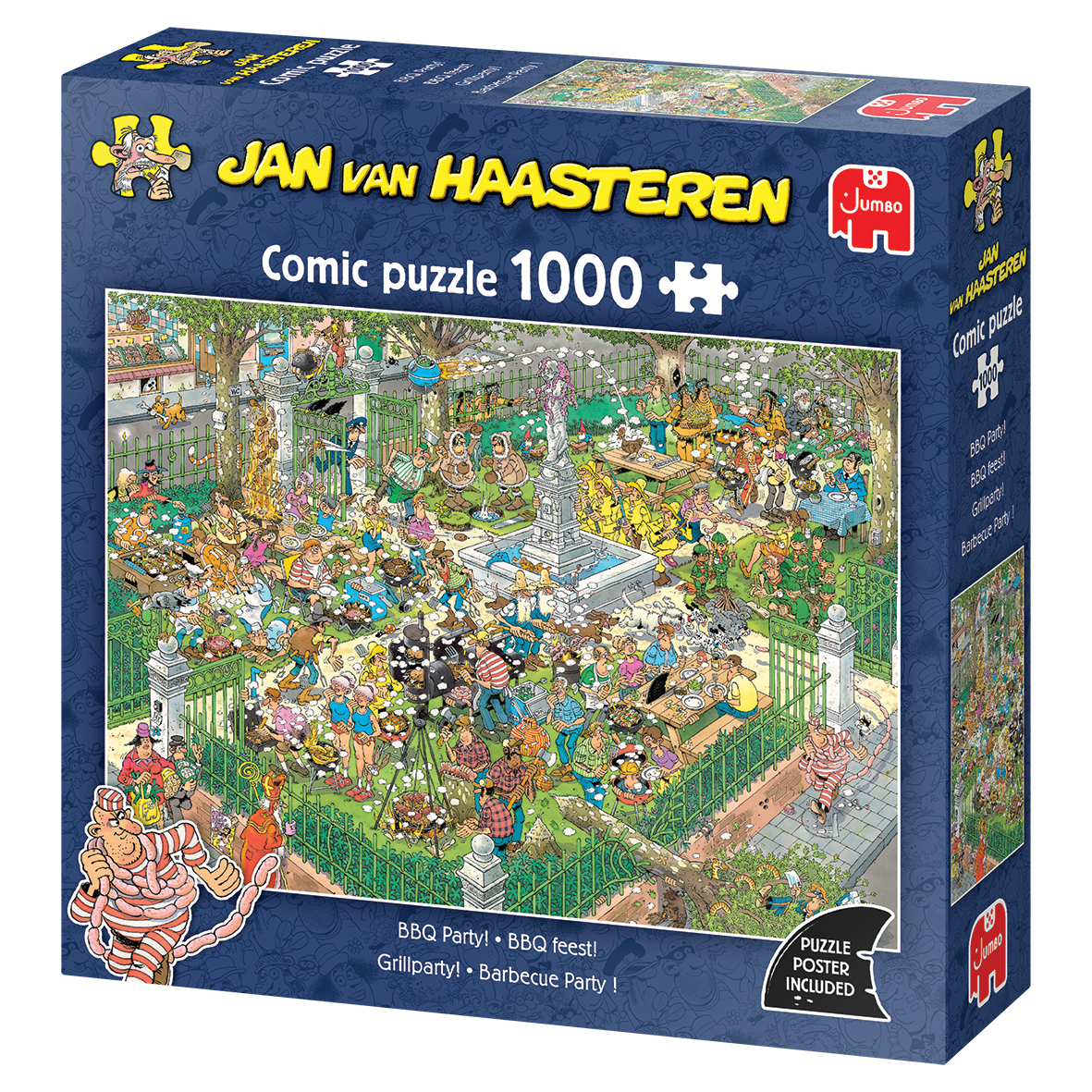Una scatola di puzzle comica e colorata. Raffigura una scena di parco affollata con molte persone a un barbecue. Una fontana al centro.
