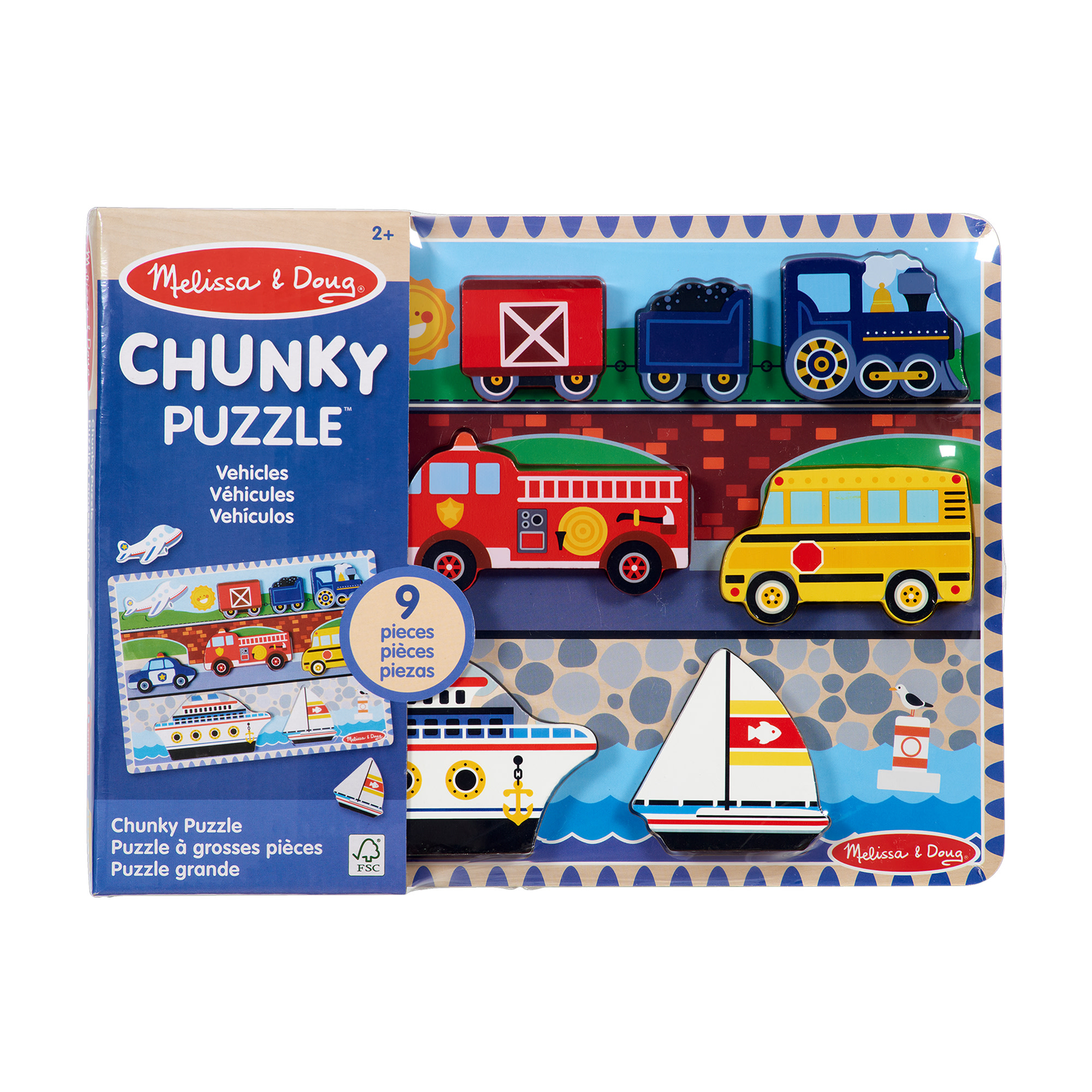 Ein klobiges Fahrzeugpuzzle von Melissa & Doug. Es zeigt einen Zug, ein Feuerwehrauto, einen Schulbus, Schiffe und Segelboote.
