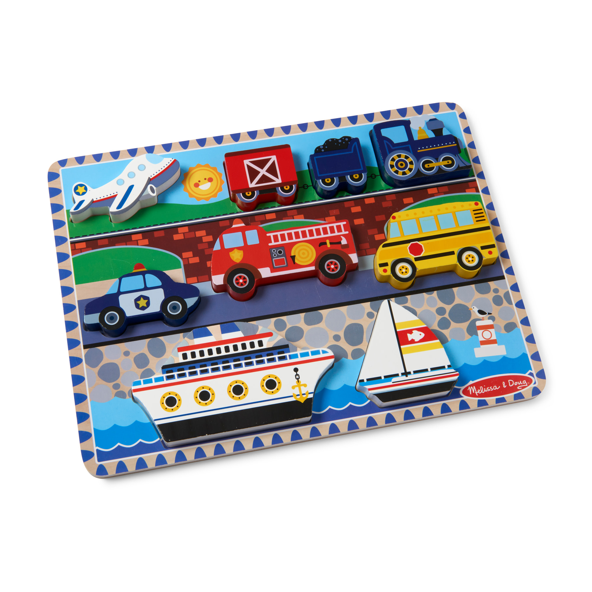 Holzpuzzle mit verschiedenen Fahrzeugen wie Flugzeug, Zug, Feuerwehrwagen, Polizeiauto, Bus, Boot und Segelboot.
