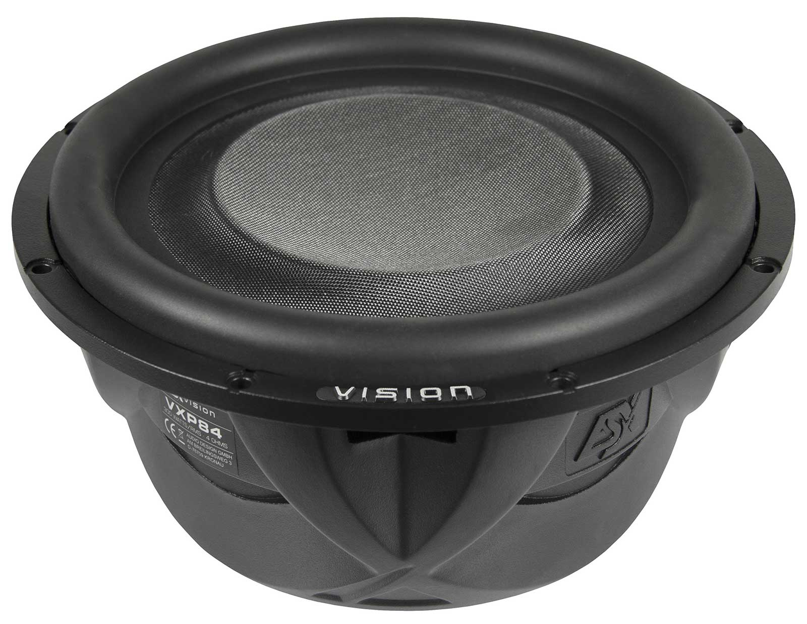 Ein schwarzer Subwoofer mit einem Maschenzentrum. Die Marke "VISION" wird angezeigt. Modell ist VXP84. Der Lautsprecher befindet sich auf weißem Hintergrund.