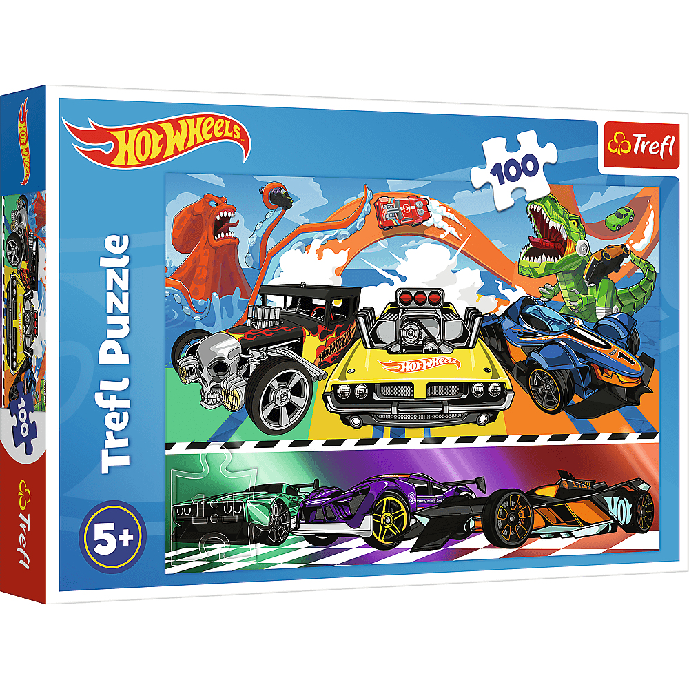 Pudełko z puzzlami Hot Wheels. Zawiera różne zabawki samochodowe, samochód w kształcie czaszki i dinozaura. Jasne kolory na niebieskim tle.