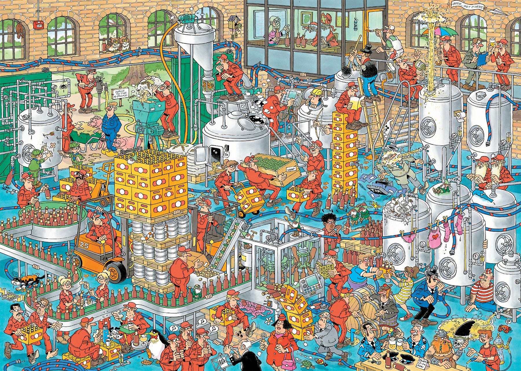 Cartoon-Szene in einer Brauerei. Arbeiter in roten Overalls, Bierflaschen, Tanks und Maschinen sind zu sehen. Viele Menschen und Dinge sind im Bild.