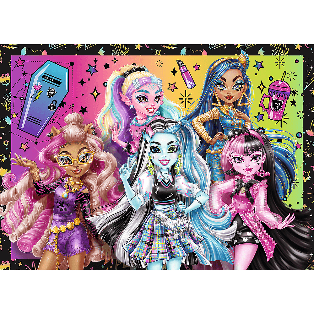 Zes Monster High-personages op een kleurrijke achtergrond. Kist, lippenstift en een drankje zijn zichtbaar. Elk personage heeft unieke kenmerken.