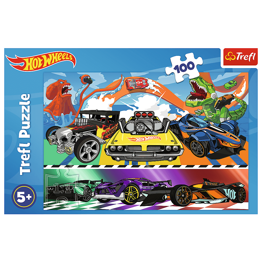 Puzzle Hot Wheels. Przedstawia różne samochody, dinozaura i ośmiornicę. Zawiera 100-elementową układankę z logo Trefl.