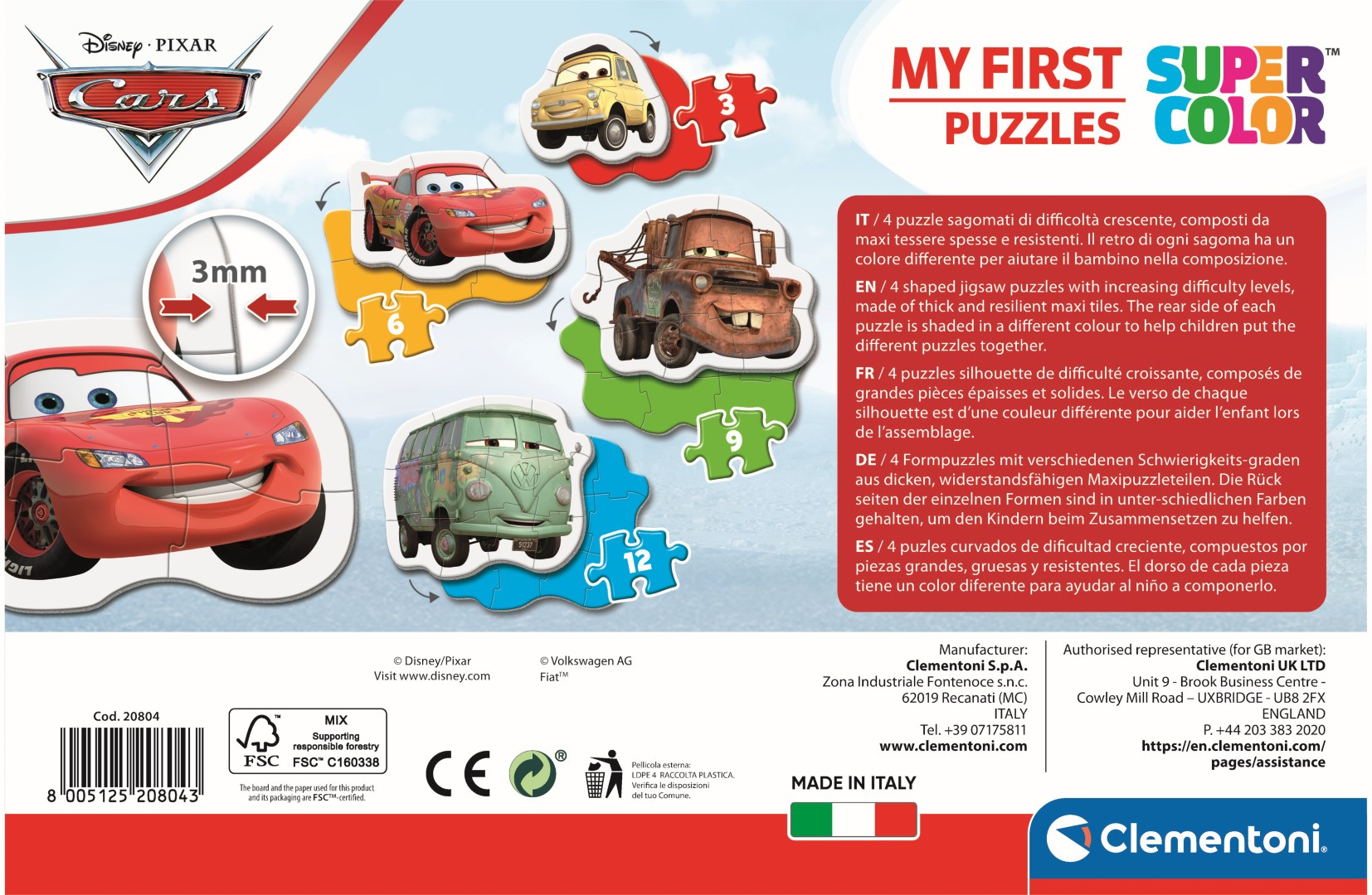 Pudełko z puzzlami Cars z Zygzakiem McQueen, Złomkiem i innymi postaciami z Aut. Na pudełku napis 'My First Super Puzzles'.